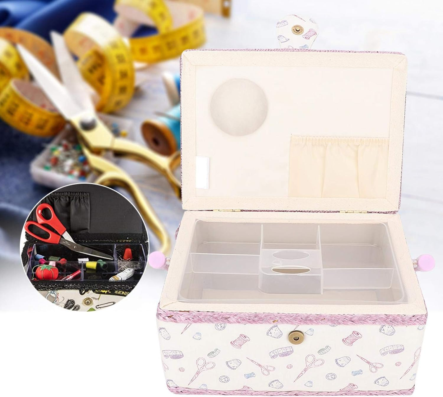 Sewing Basket, Double-Layer Pink Thread Needle Sewing Organizer Vintage Portable Household for Spindles for Needles image number 2