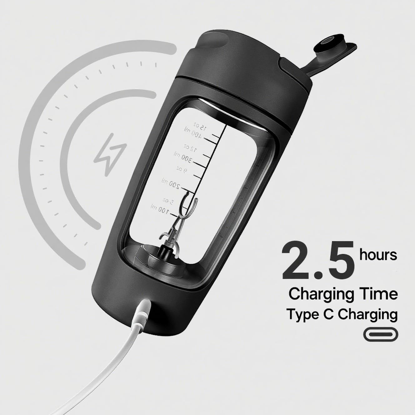 Electric Protein Shaker Bottle, 650ML Portable Blender Bottles, BPA Free, USB Rechargeable Shaker Bottles for Protein Mixes, Made with Tritan（Black） - Black image number 5