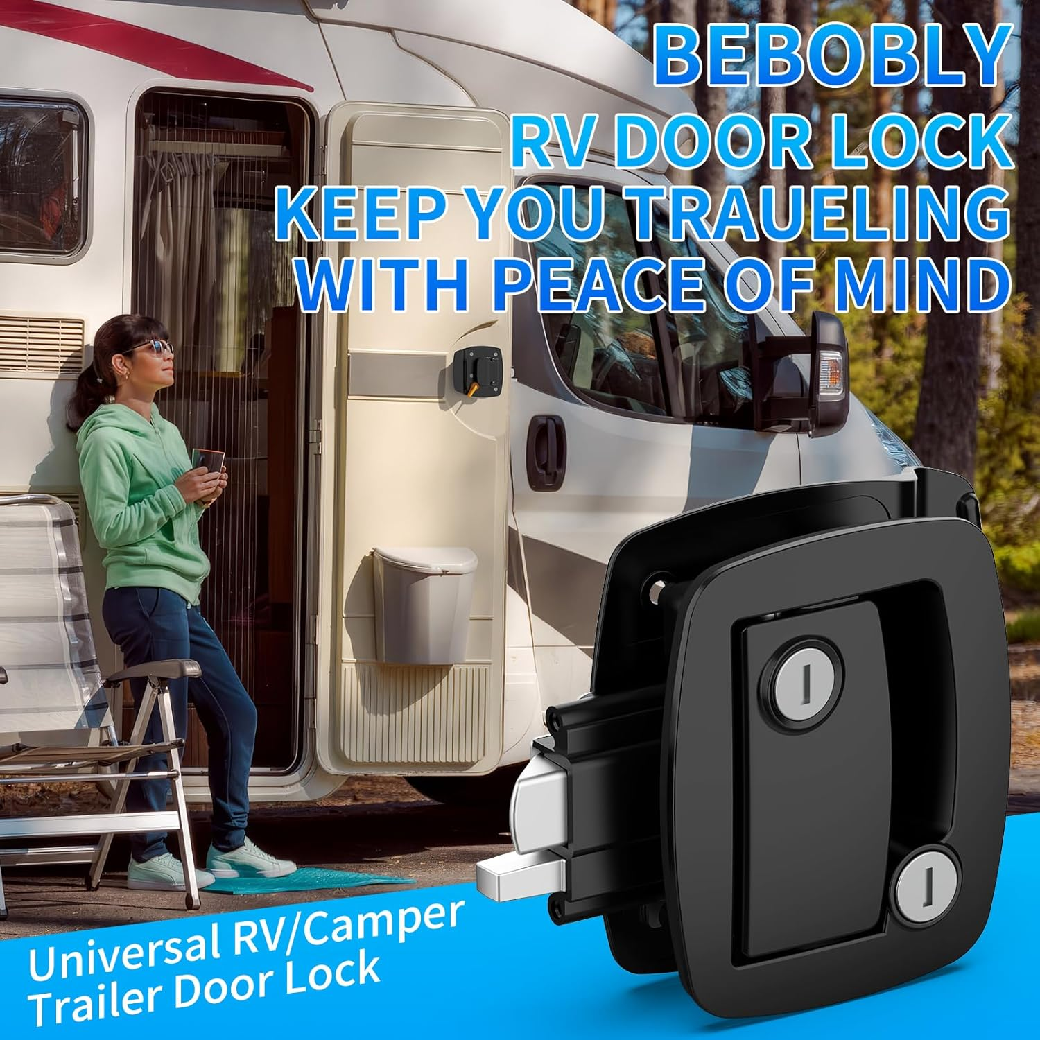 RV Door Lock Replacement, Aluminum Alloy Upgraded Lighter RV Door Latch with Paddle Deadbolt & 4 Keys, 100% Metal Camper Door Locks, RV Entry Door Lock for Travel Trailers Cargo Hauler, Black image number 3
