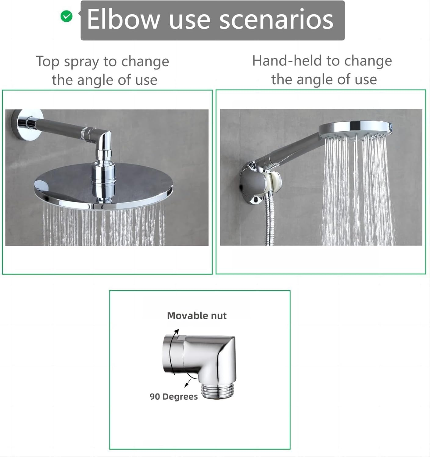 Shower Head Adapter,Solid Brass 135 Degree Shower Elbow Adapter,G1/2" Shower Head Extension Arm Connector (Chrome) (Spinable&90&deg;) image number 6