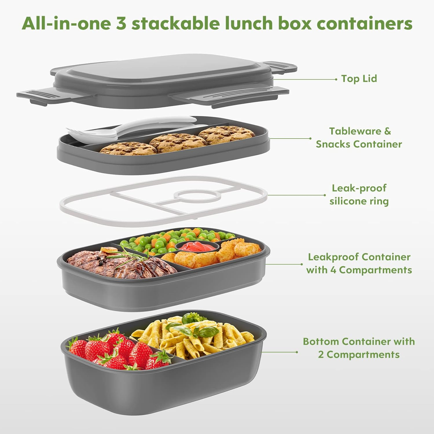 Bento Box Adult Lunch Box,3 Stackable Bento Lunch Containers for Adults/Kids, Modern Minimalist Design Bento Box with Utensil Set, Leak-Proof Lunchbox Bento Box for Dining Out, Work, Picnic, School image number 2
