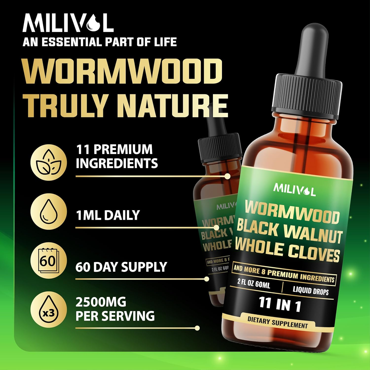MILIVOL Wormwood Liquid Drops - Wormwood Extract Tincture with Black Walnut, Whole Cloves & 8 More Herbs - 2 Fl Oz for 60 Days Supply