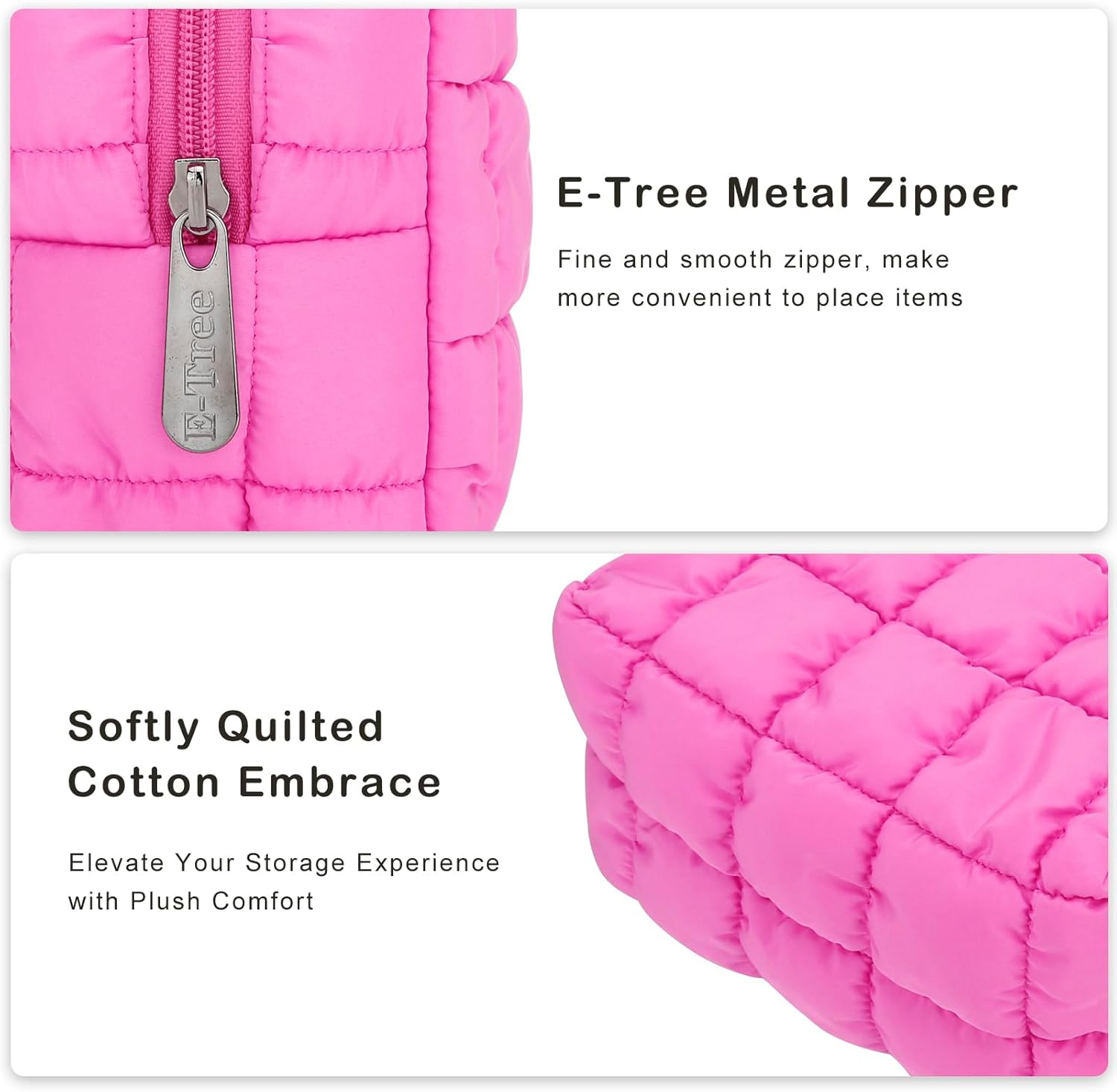 E-Tree Cute Makeup Bag,Quilted Cosmetic Bag,Make up Pouch for Purse,Toiletry Zipper Pouch,Checkered Bag,Travel Case,Storage Pouches for Organization, Hot Pink, 7.5&ldquo; X 5.5&rdquo; X 3.5&ldquo;, Quilted Cosmetic Bag image number 1