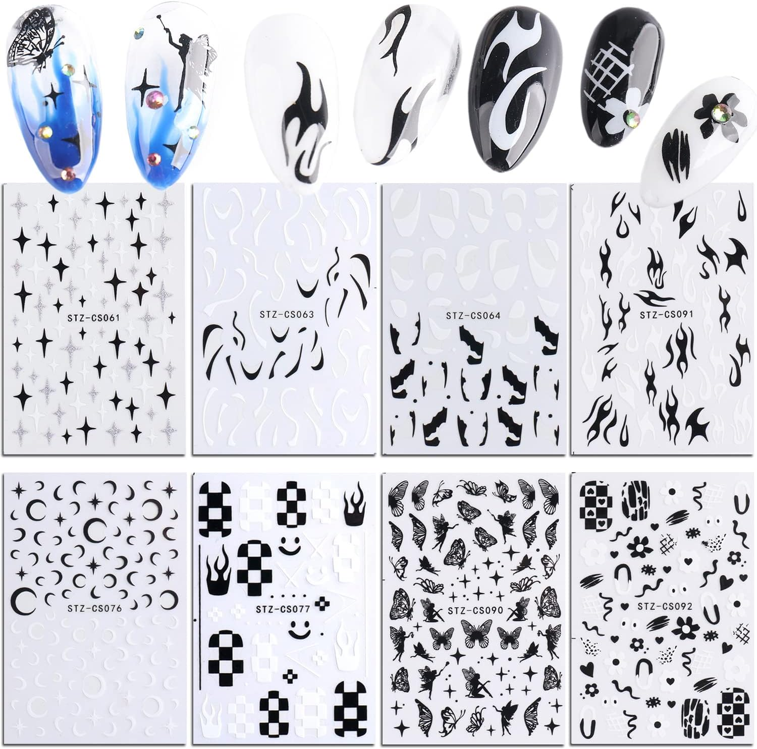 Black Nail Art Stickers, Flowers Butterfly Moon Stars Flame Wave Line Nail Art Decals, Holographic 3D Self-Adhesive Nail Sticker Design for Women Manicure Charms Decorations, DIY Resin Transfer Decal image number 4