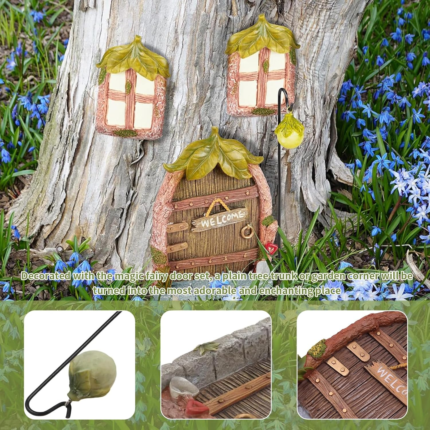 4PCS Fairy Door Decorations Kit, Fairy Door & Window Resin Set, Garden Miniature Fairy Tree Ornaments, Windows Glow in the Dark, Decoration Garden Lawn Ornament, Outdoor Decor Accessories (4) image number 4