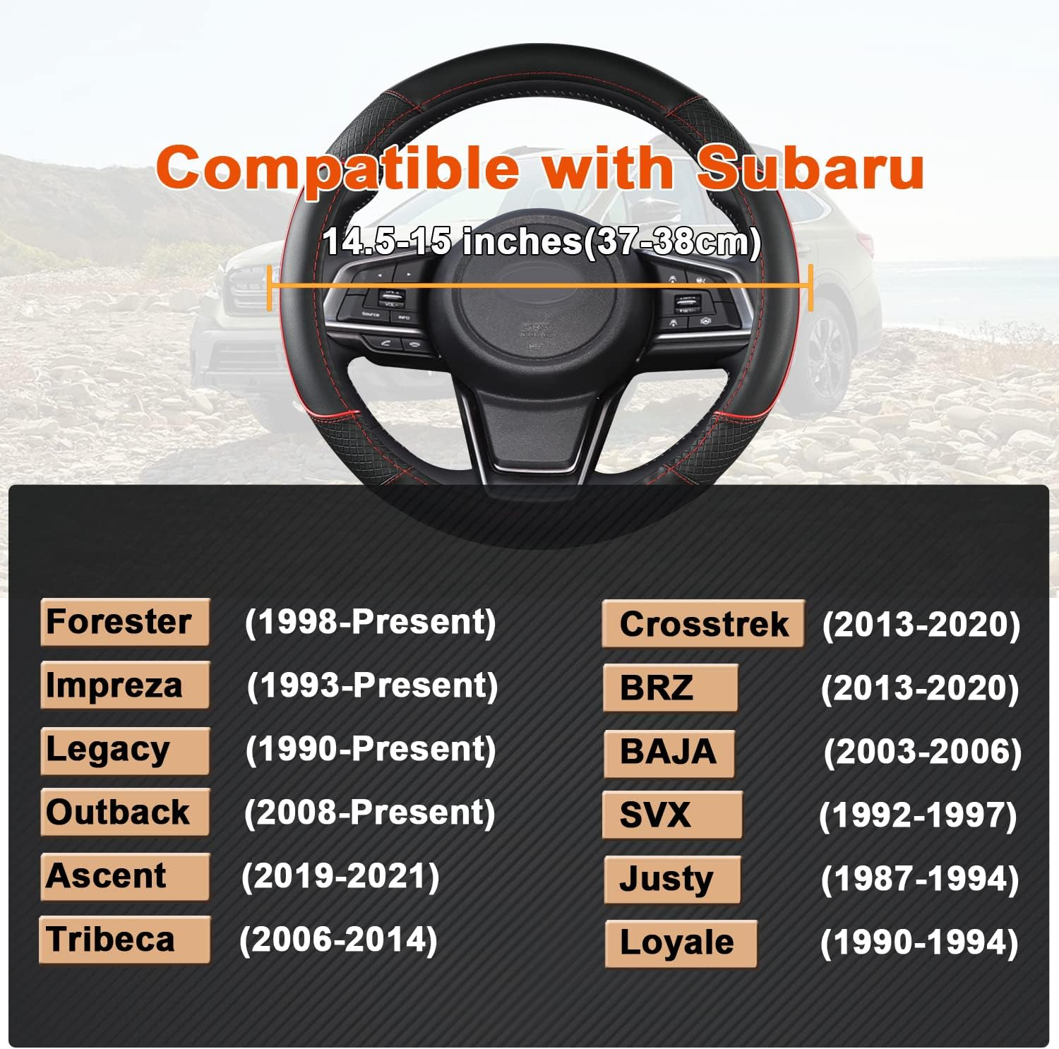 GIANT PANDA Customized Auto Steering Wheel Cover for Subaru Forester, Car Steering Wheel Cover for Subaru Outback and Crosstrek - Black+Red Trim image number 5