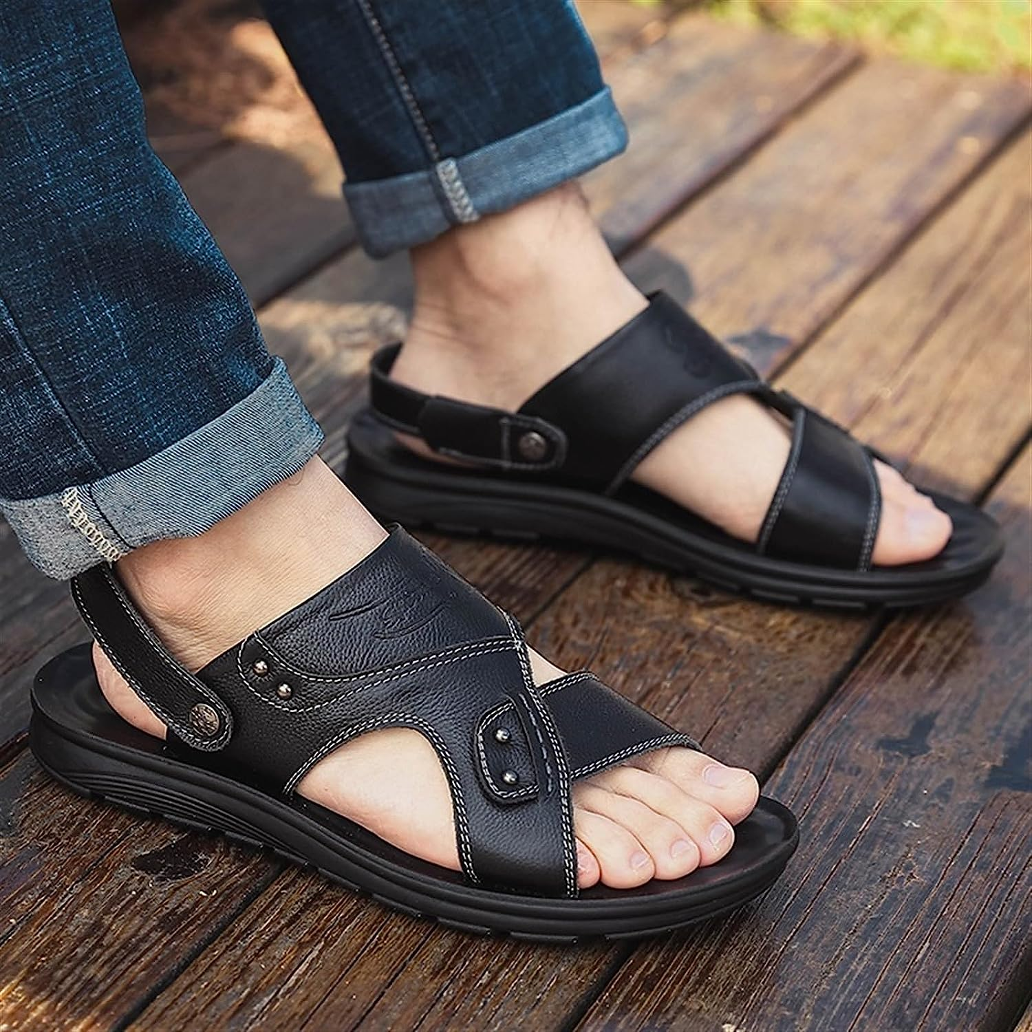 Men Leather Summer Sandals Casual Beach Shoes Leather Sandals Man Slippers Non-Slip Arch Support Adjustable (Color : Black, Size : 8) image number 6