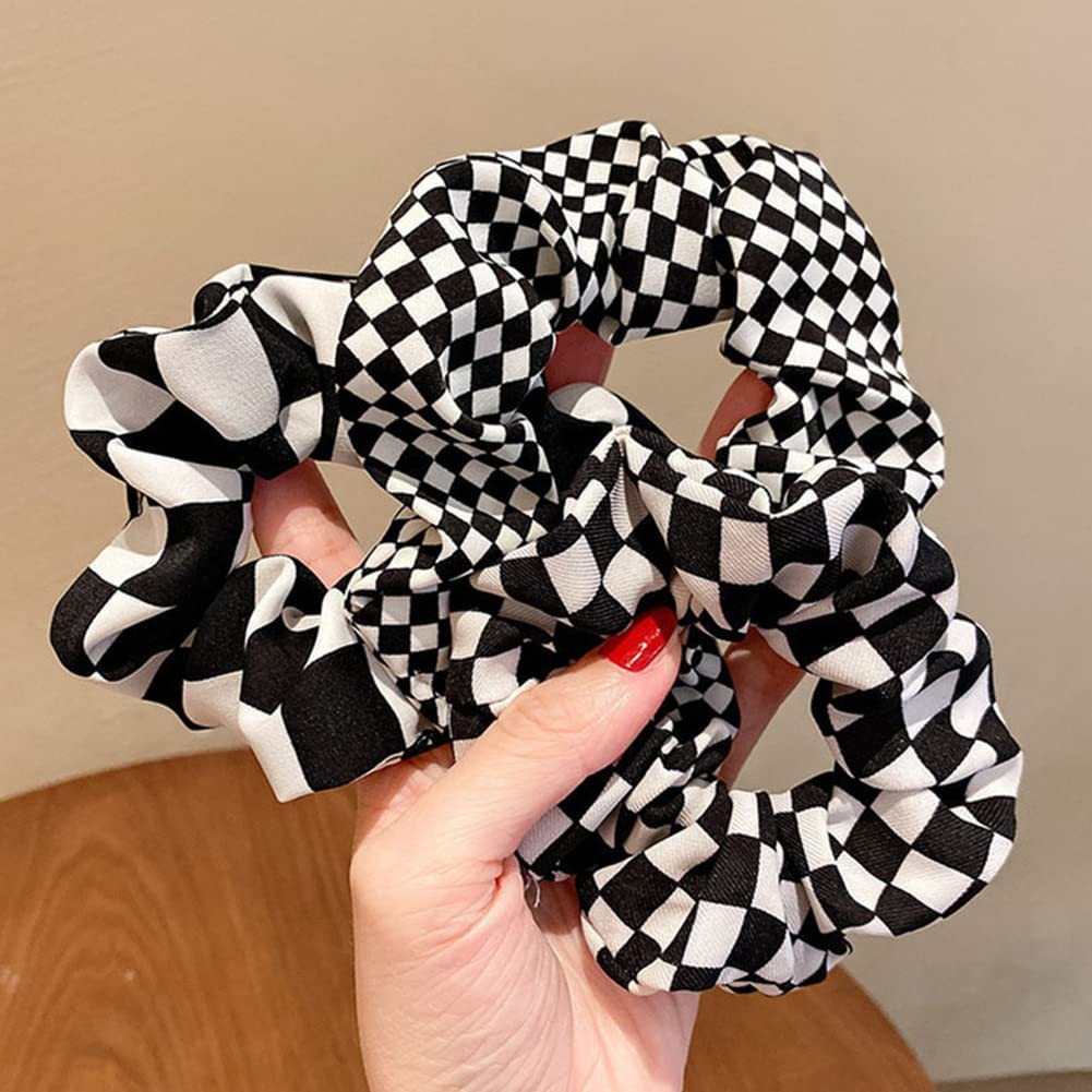 Checkered Scrunchie Buffalo Plaid Scrunchies Checkboard Elastic Hair Ties for Women Girls Checkered Accessories Black and White Scrunchies Ponytail Holders image number 4