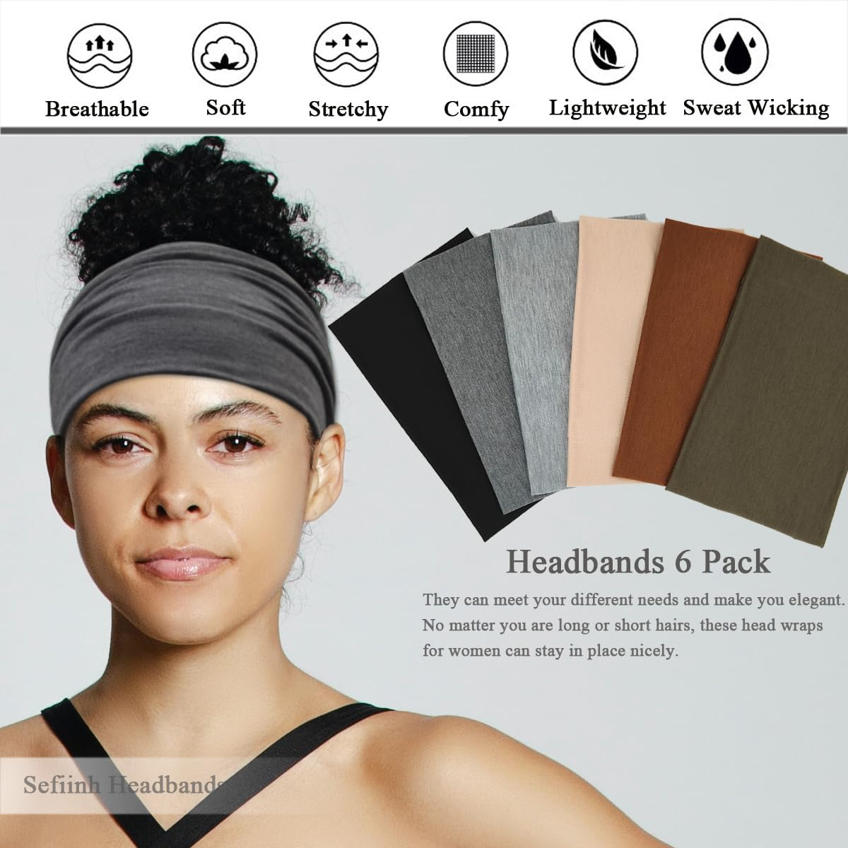 Sefiinh Wide Headbands for Women Stretch Headband Boho Head Bands Women'S Hair Band Turban Workout Hairband Accessories 6 Pack - Black image number 5