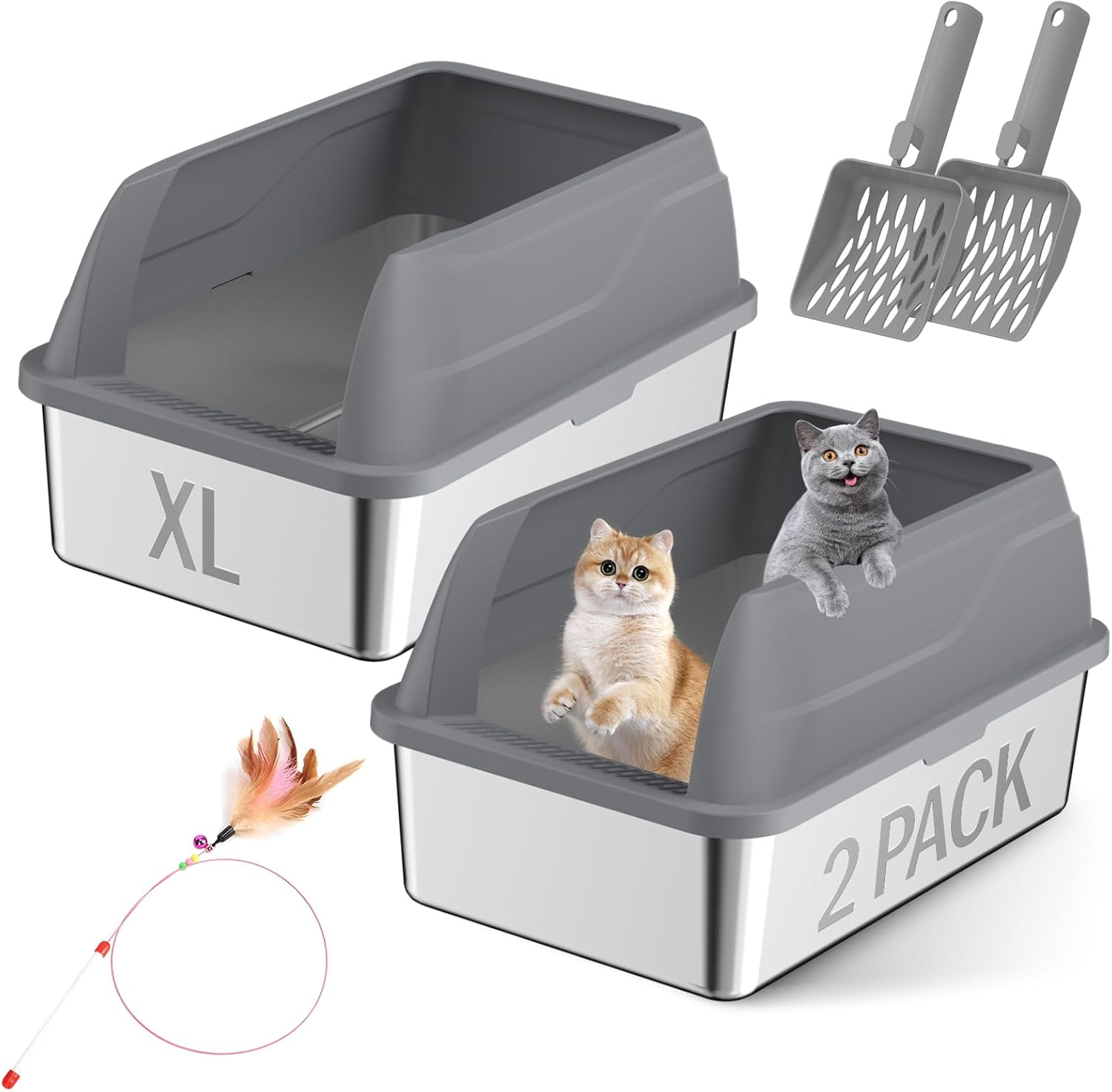 Amibud 2 Pack XL Metal Cat Litter Box with Lid Scoop-Extra Large Stainless Steel Litter Boxes for Big Cats, Kitty Litter Pan Tray Cat Toilet with High Wall Enclosure image number 6