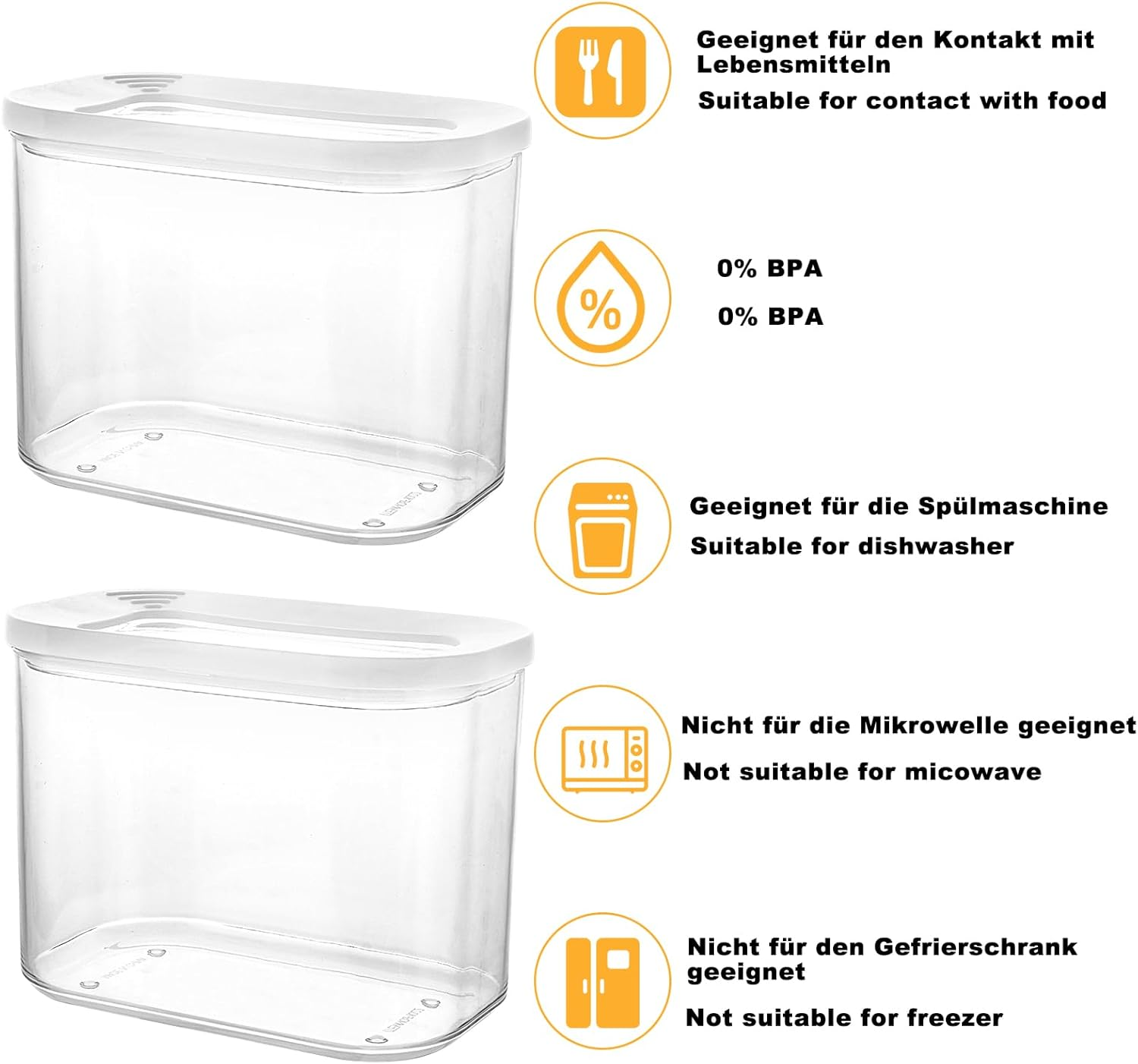 Set of 5 Plastic Storage Jars with Lid, Airtight, 1000 Ml, Rectangular Kitchen Storage & Organisation, White Containers, Cornflakes for Sealing and Preserving Food image number 4