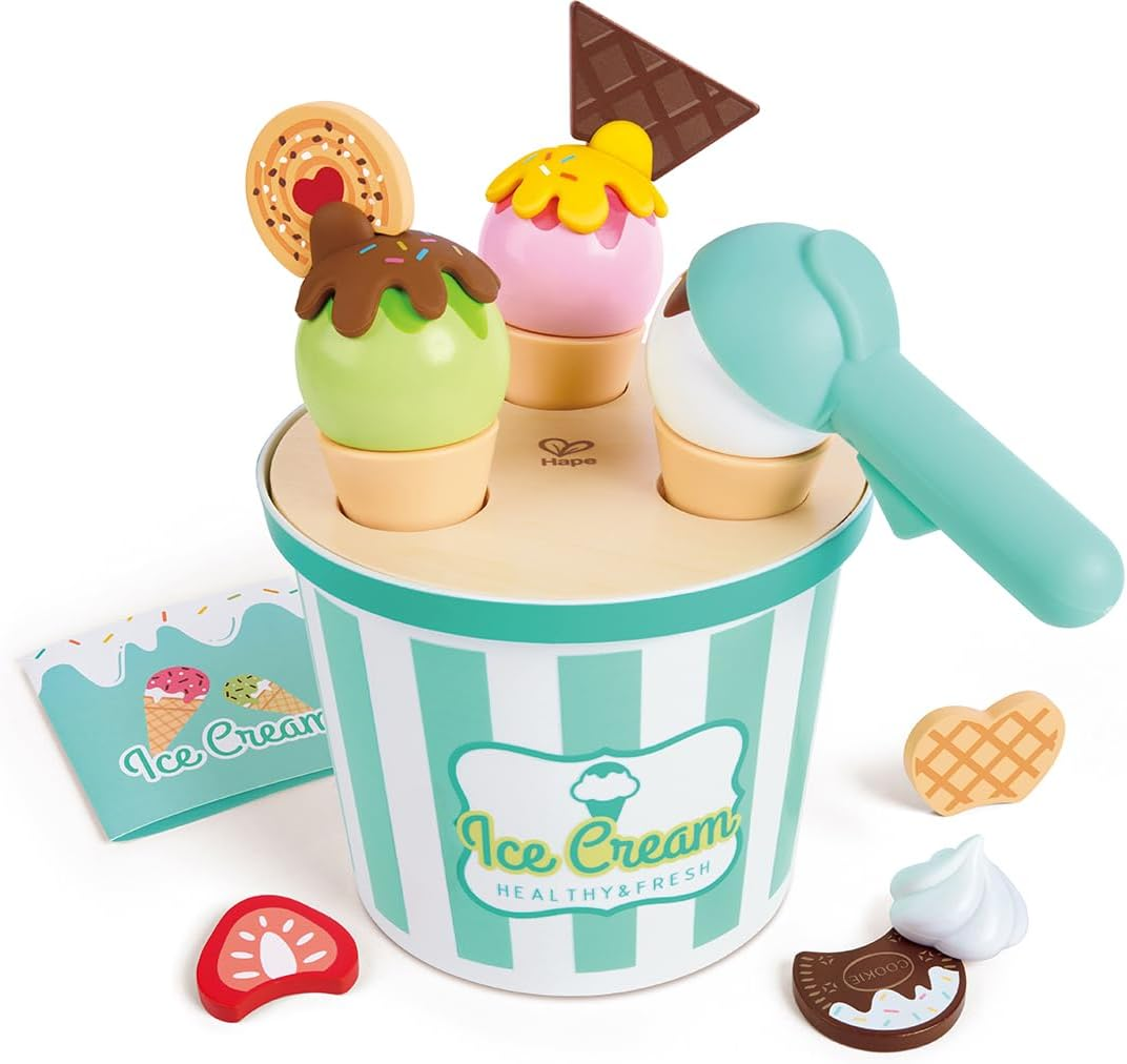 Hape Scoop & Serve Ice Cream Set &ndash; Interactive Wooden Toy for Pretend Play &ndash; Realistic Ice Cream Playset with Rotating Display & Endless Topping Combinations for Kids image number 6