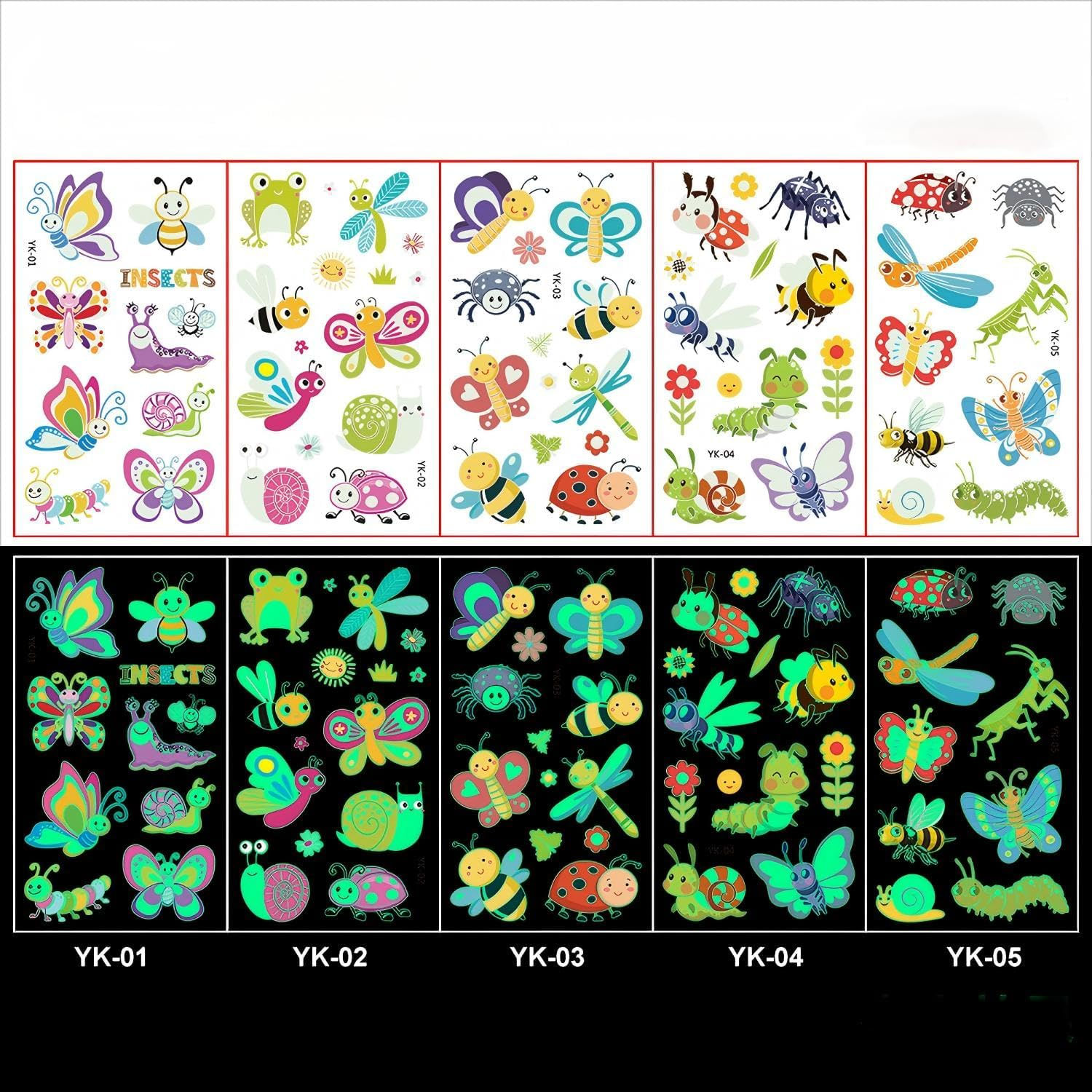 Lehuan 20 Sheets Luminous Tattoo Stickers for Kids, Mixed Style Temporary Cartoon Tattoo, Glow in the Dark Tattoos for Boys and Girls (Pattern 2)