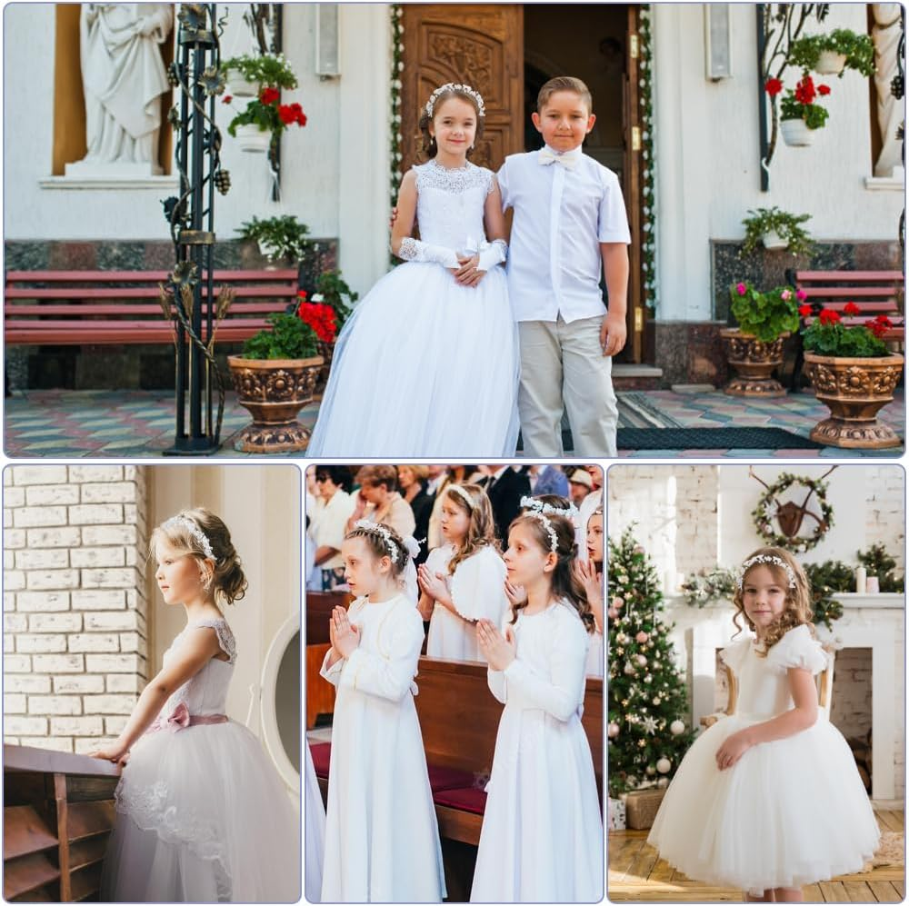 PEALOVCOM Bridal Hair Accessories Pearls Wedding Communion Headband Bridal Headpiece Hair Wreath White Pearl Headband with Adjustable Chiffon Band for Bride Bridesmaid Flower Girl Women Girls, Resin image number 2