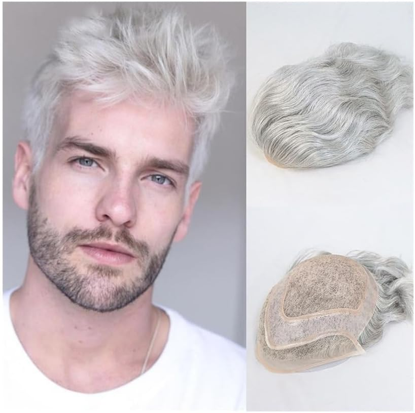Replacement Toupee for Men Mono Lace with Thin Skin PU Breathable Male Hair Prosthesis #1B90 Gray Human Hair System Systems image number 1