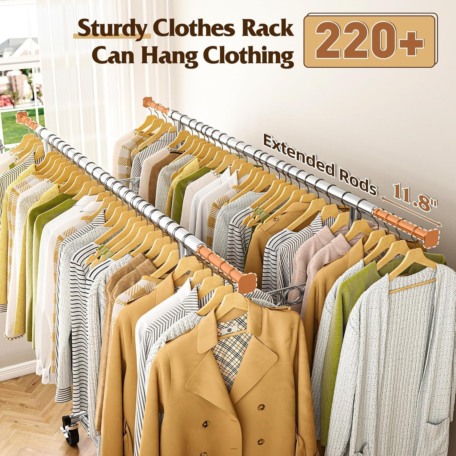 Yunking Clothes Rack,Clothing Rack 630 LBS Heavy Duty with Wheels Clothing Racks for Hanging Clothes Rolling Clothes Rack Adjustable & Commercial Garment Rack 22" D X 75" W X 68" H