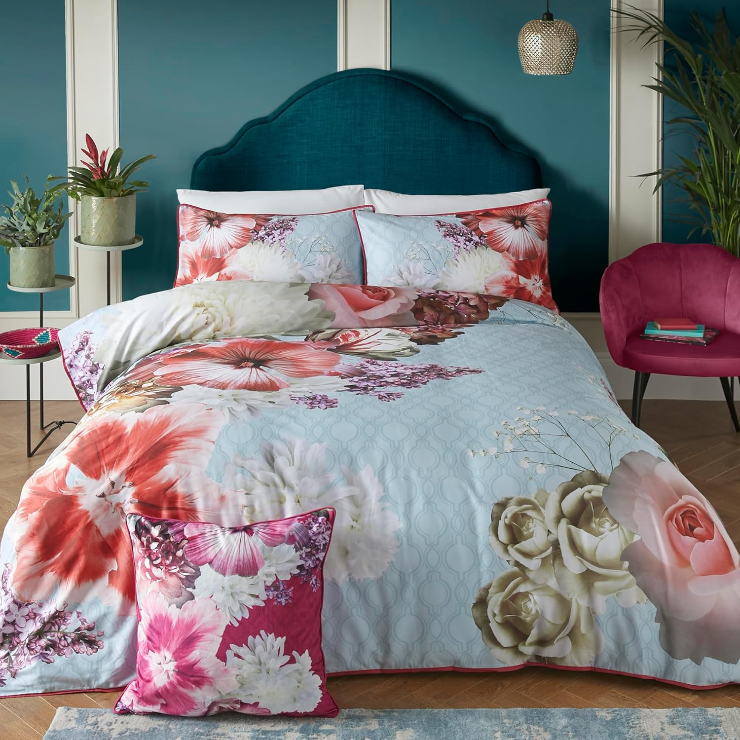 Laurence Llewelyn-Bowen - Blue Duvet Cover Sets - King Bedding Size (220 X 230Cm) - Red Floral Flower Print - Luxury Beddings Cover - 100% Cotton - Mayfair Lady Collection