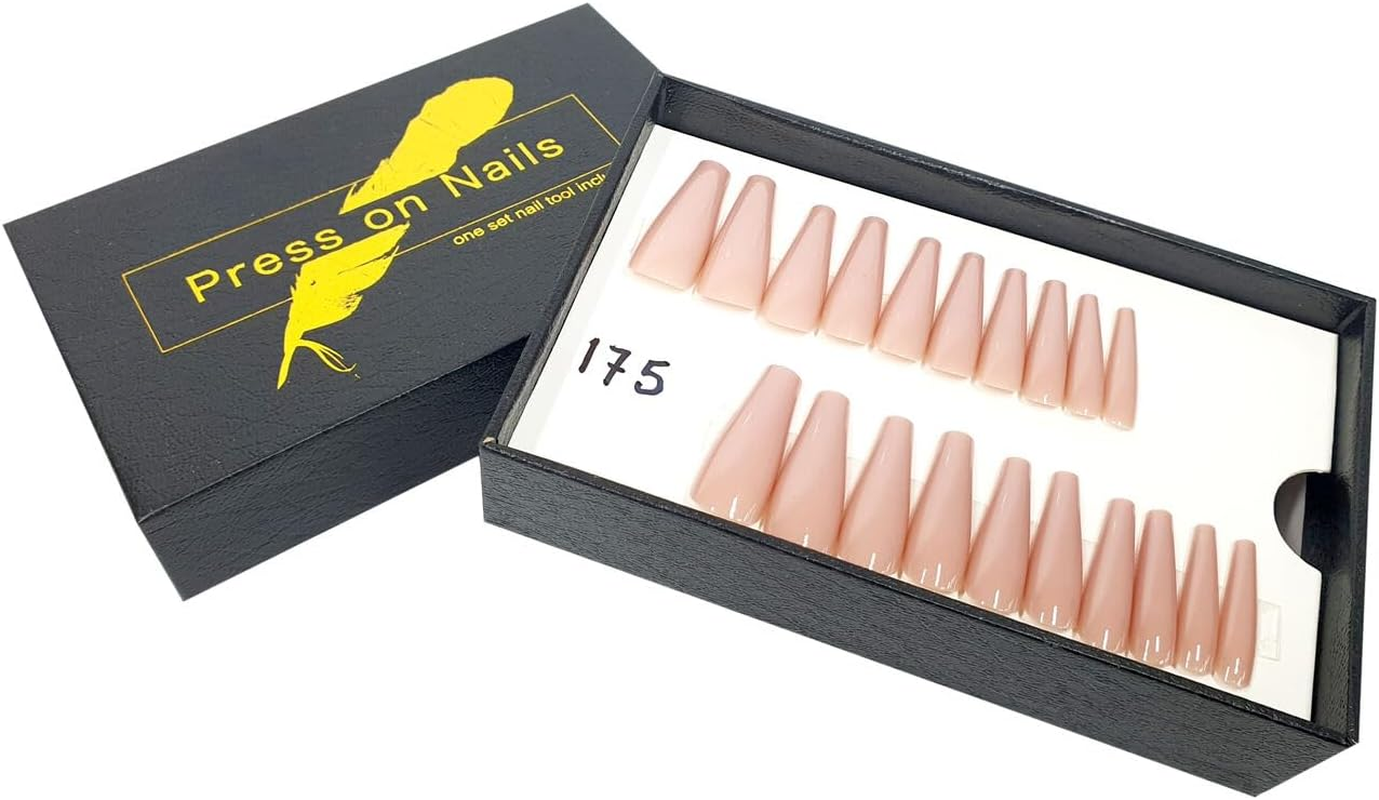 Press on Nails Fake Long Coffin Nail Tips Nude Glossy 20 Pcs