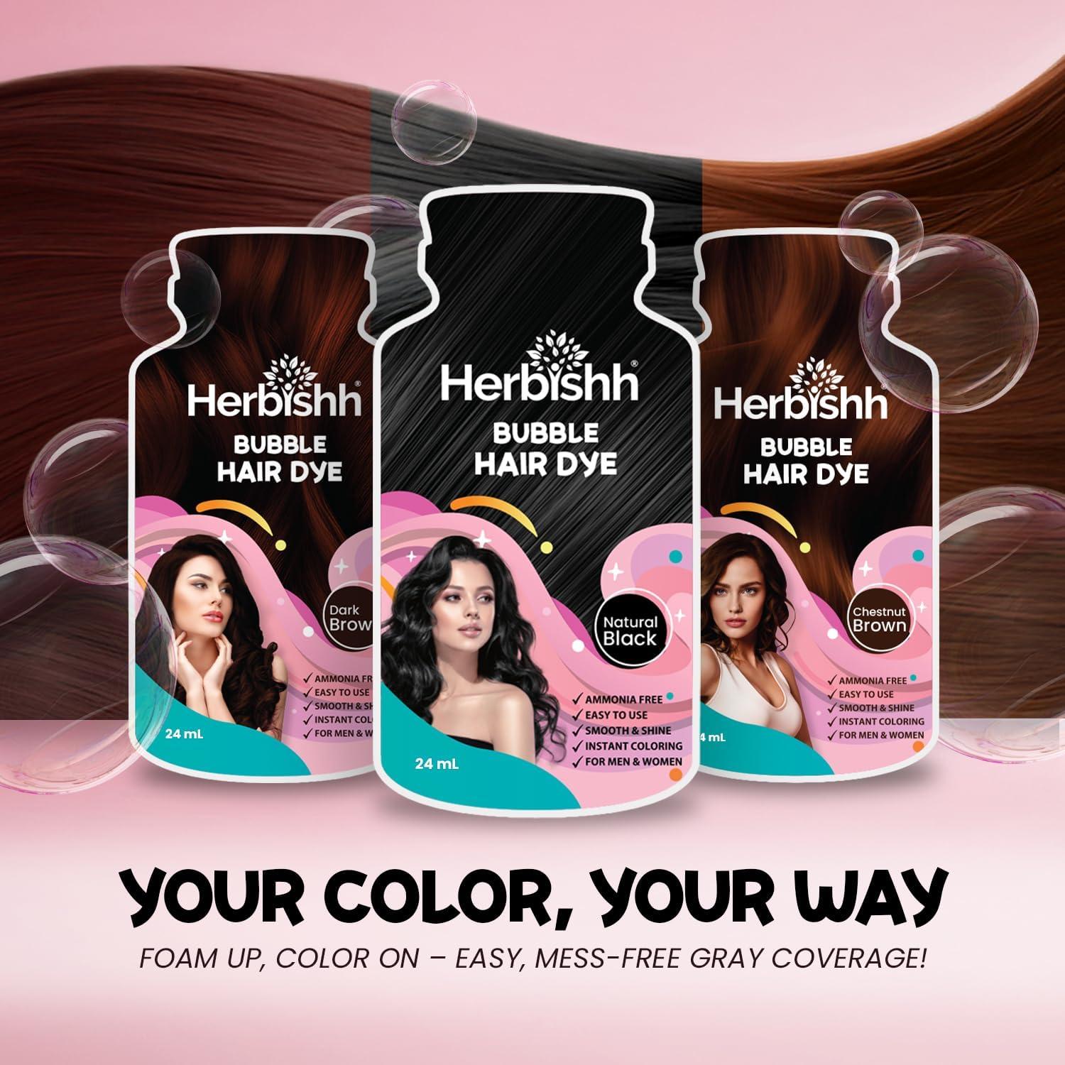Herbishh Bubble Foam Hair Dye Shampoo, 3 in 1 Dye for 100% Grey Coverage, Permanent Hair Coloring for Men & Women, Long-Lasting & Travel-Friendly, Ammonia-Free, 10 Sachet X 24 Ml (Dark Brown) image number 3