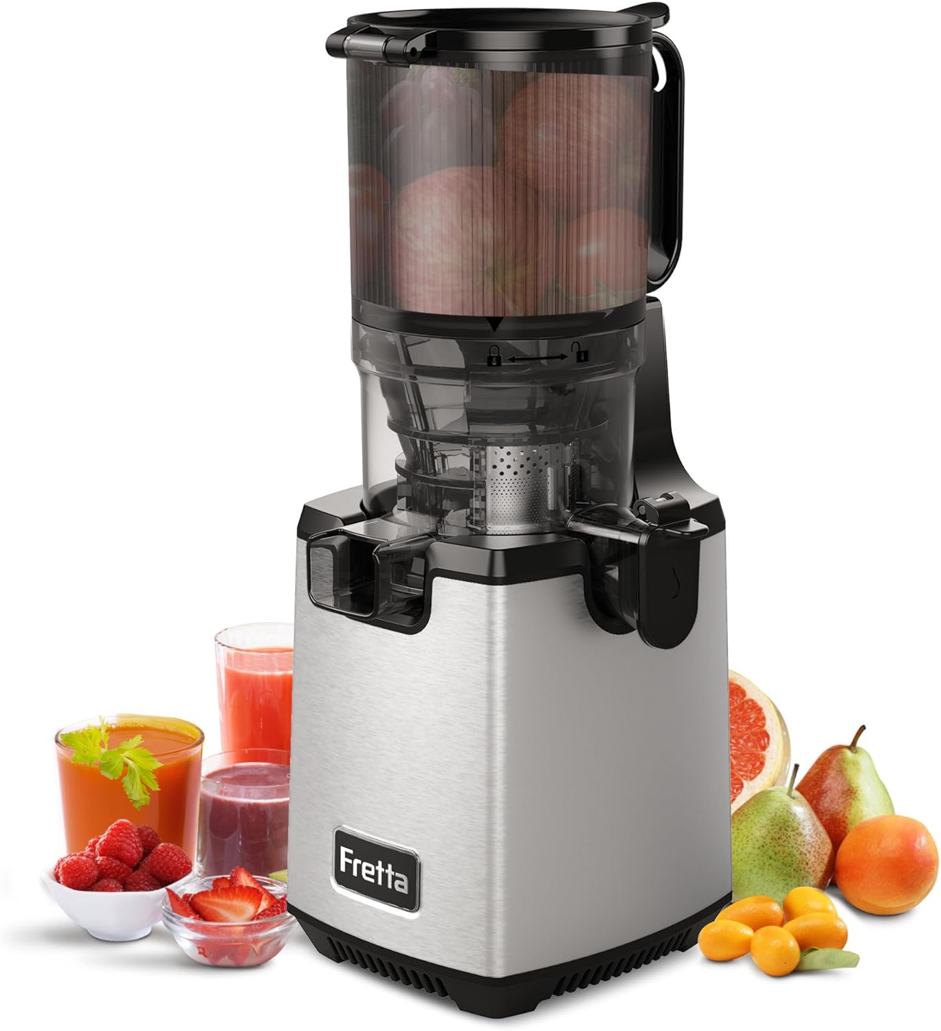 Fretta Cold Press Juicer, Slow Masticating Juicer, Citrus Juicer with 140Mm Large Feed Chute, Fit Whole Vegetables & Fruits, Reverse Function, Easy to Assemble, Stainless Steel, 250W BPA Free image number 6