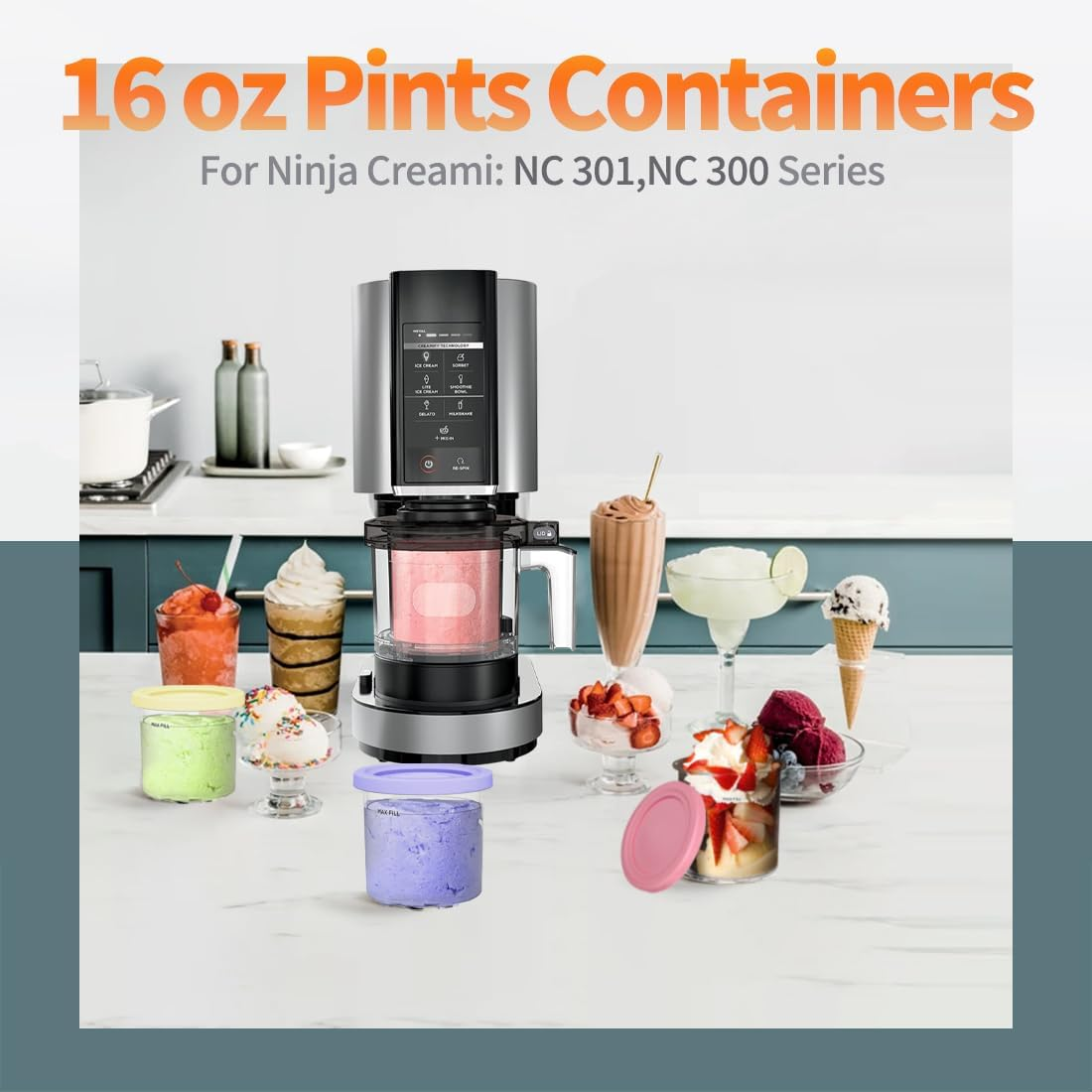 Dxiocli Containers Replacement for Ninja Creami 7-In-1 NC300/NC301 Pints - 4 Pack, 16 Oz - Dishwasher Safe, Bpa-Free, Leak Proof