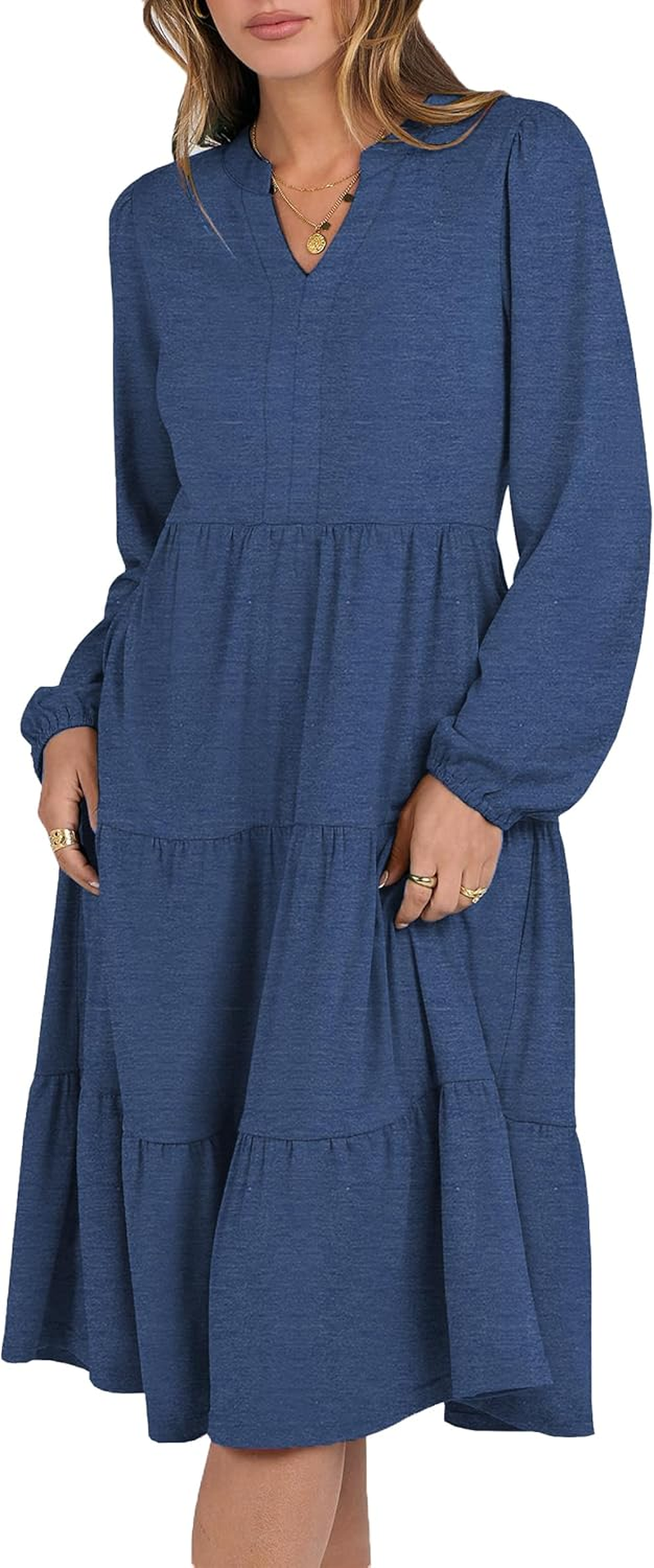 Womens Nursing Midi Dress Breastfeeding Long Sleeve V Neck Fall Fashion Tiered with Pockets