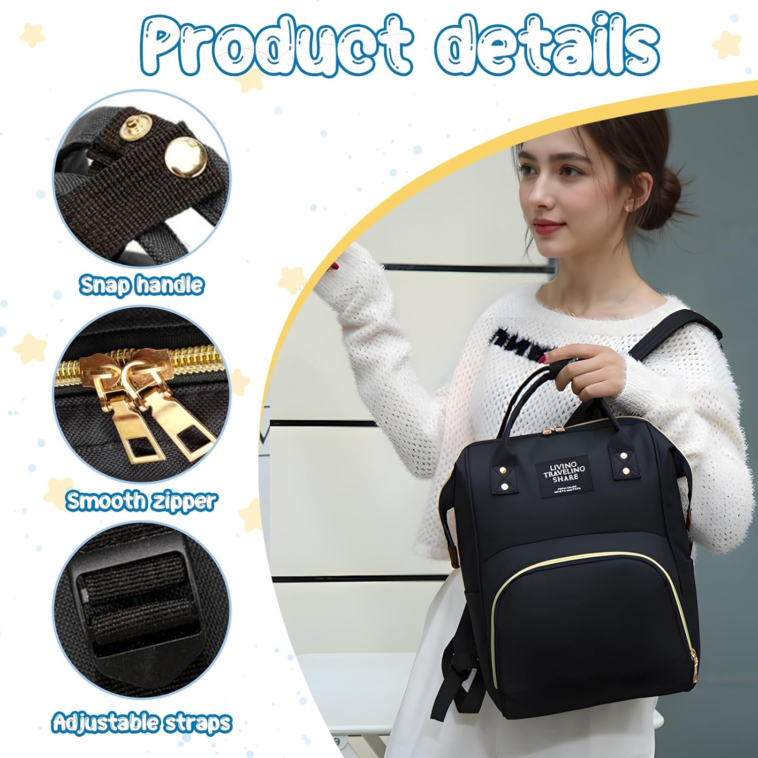 Fiohiros Nappy Bags for Baby - Waterproof Baby Bag for Mum with Insulated Pockets, Large Nappy Backpack & Stroller Straps, Hospital Bag Maternity Essentials - Black image number 3