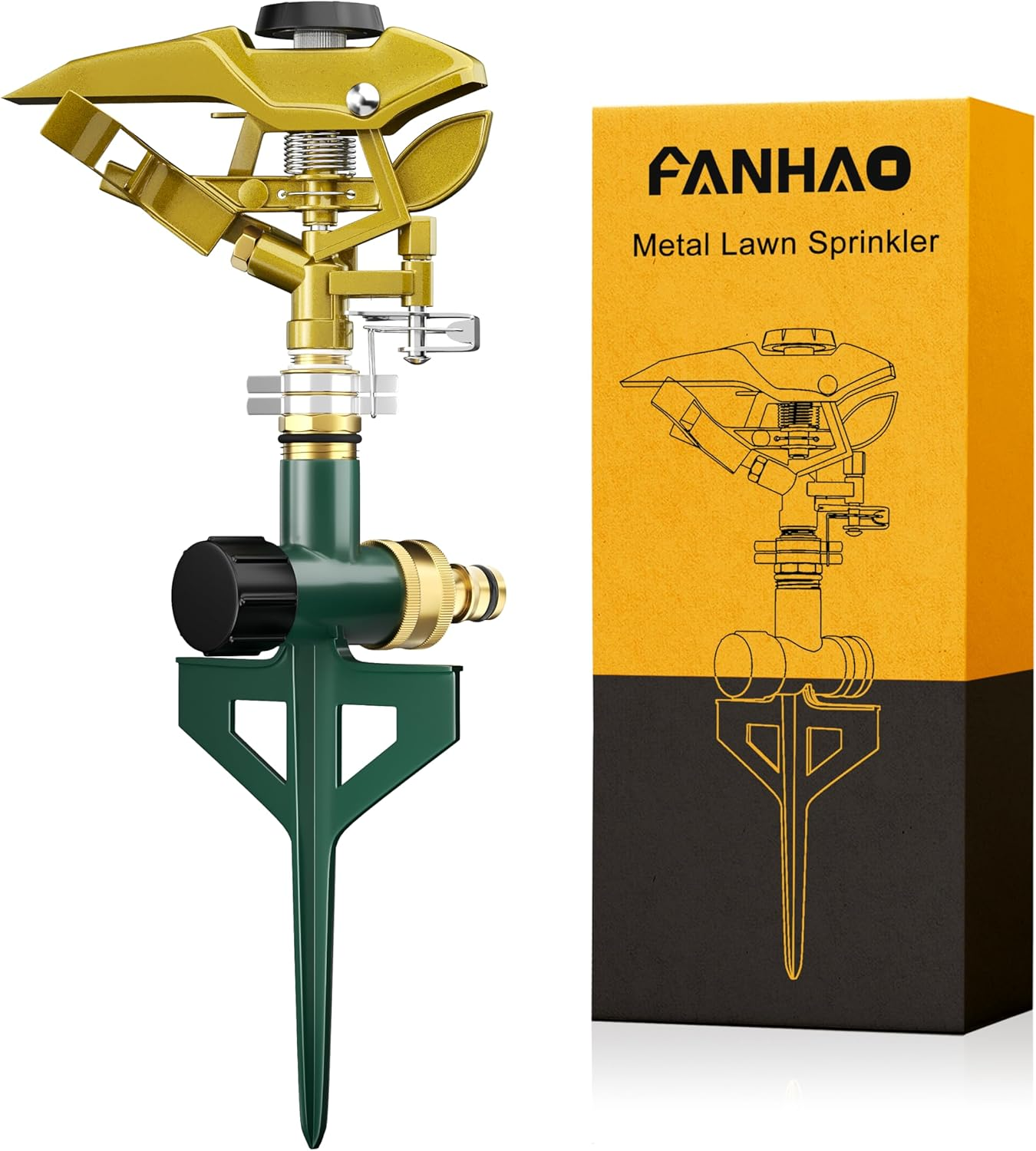 FANHAO Heavy Duty Pulsating Lawn Sprinkler on Spike Base, 100% Metal Impact Sprinkler with Adjustable Spray Pattern for Lawn Yard Irrigation, 360 Degree Large Area Coverage, Covers up to 5800 Sq. Ft image number 1
