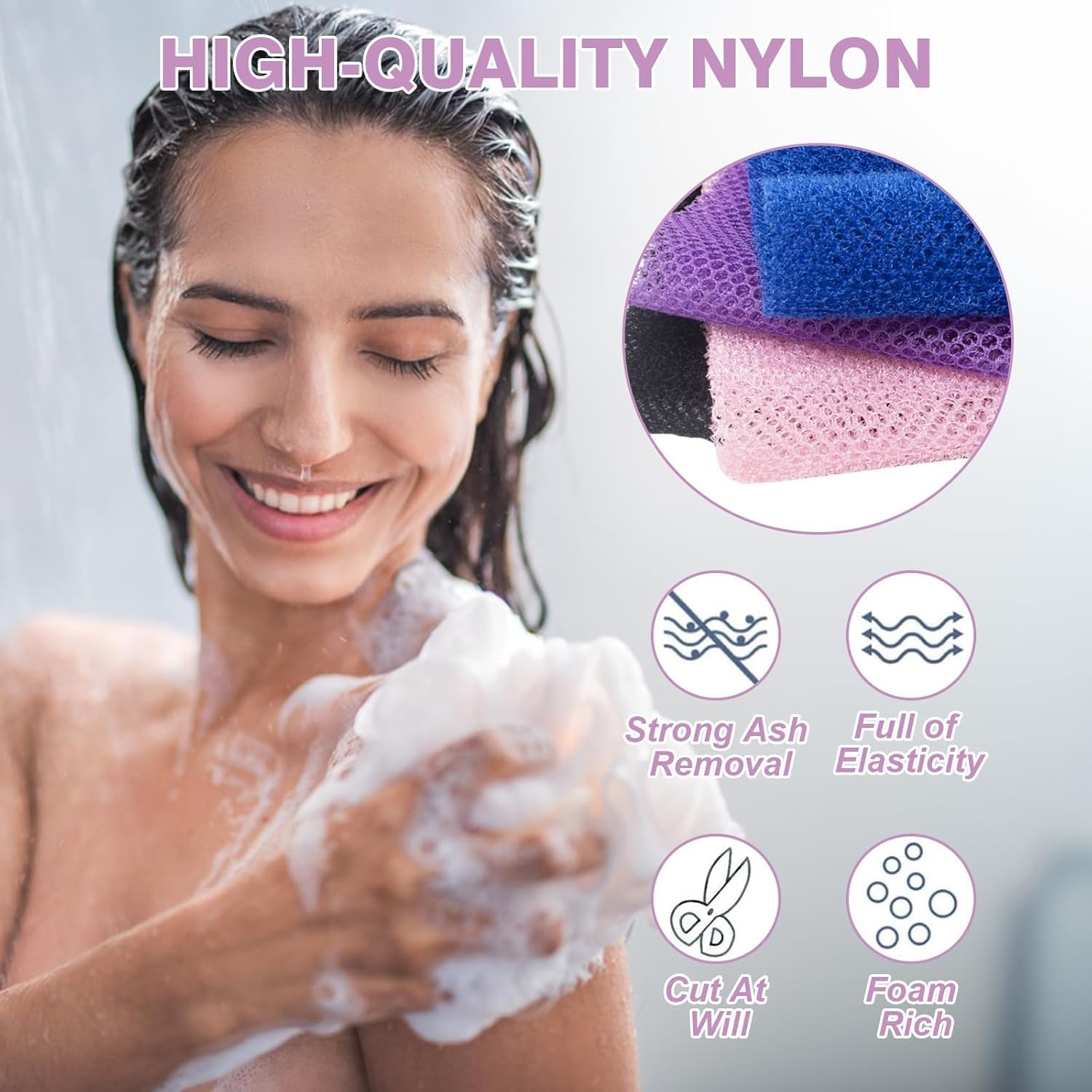 3 Pcs African Net Sponge, Exfoliating, Long 80X30Cm, Bath Sponge, Shower Sponge, Body Sponge, Net Cloth, Nylon Back Scrubbers, Skin Smoother, Deep Cleaning, for Men and Women (Pink Blue Purple) image number 4