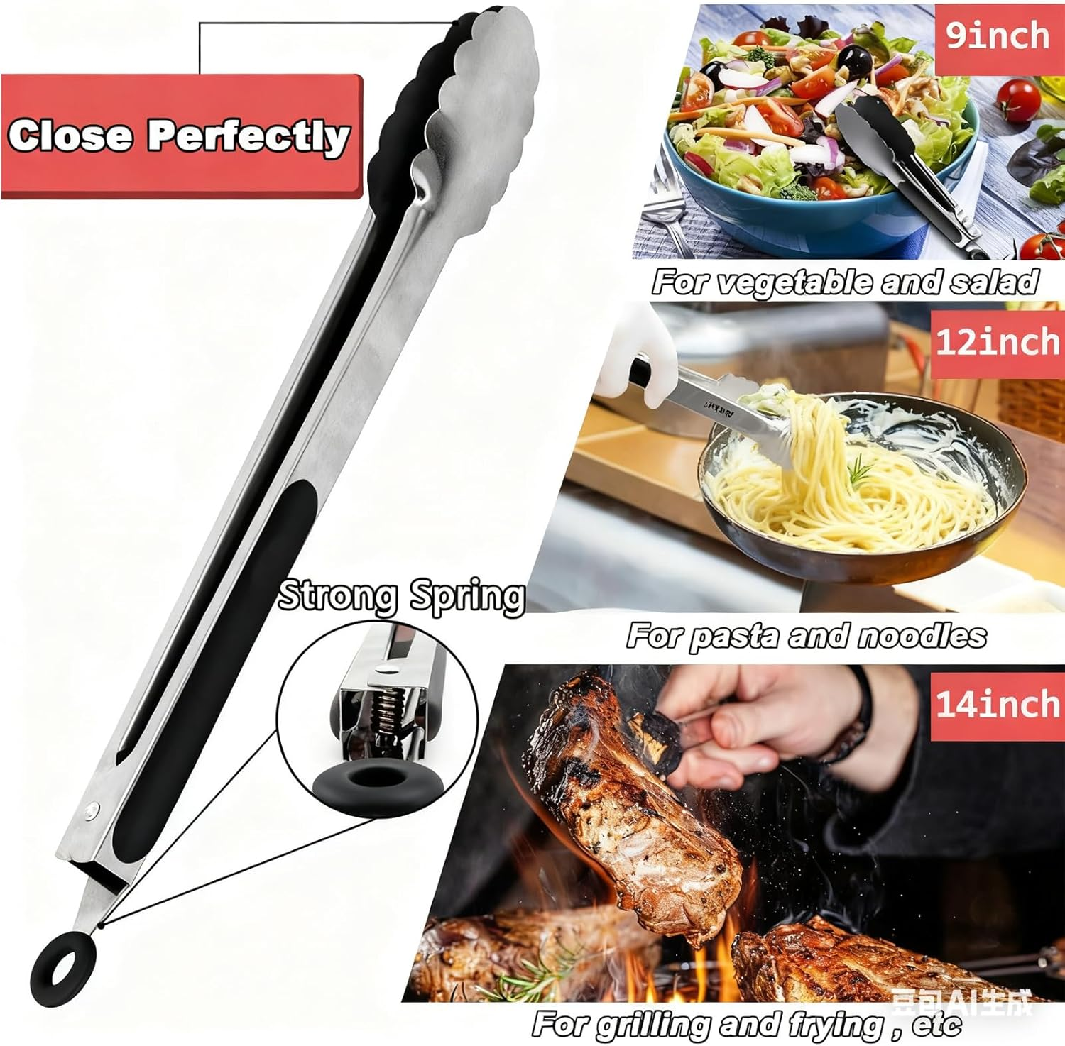 3 Pack Kitchen Tongs, 9/12/14 in Cooking Tongs, High-Quality Silicone Is Bpa-Free, Heat-Resistant, and Non-Stick, Stainless Steel Tongs, for Food, Salads, and Barbecue/Grilling, Buffet image number 3