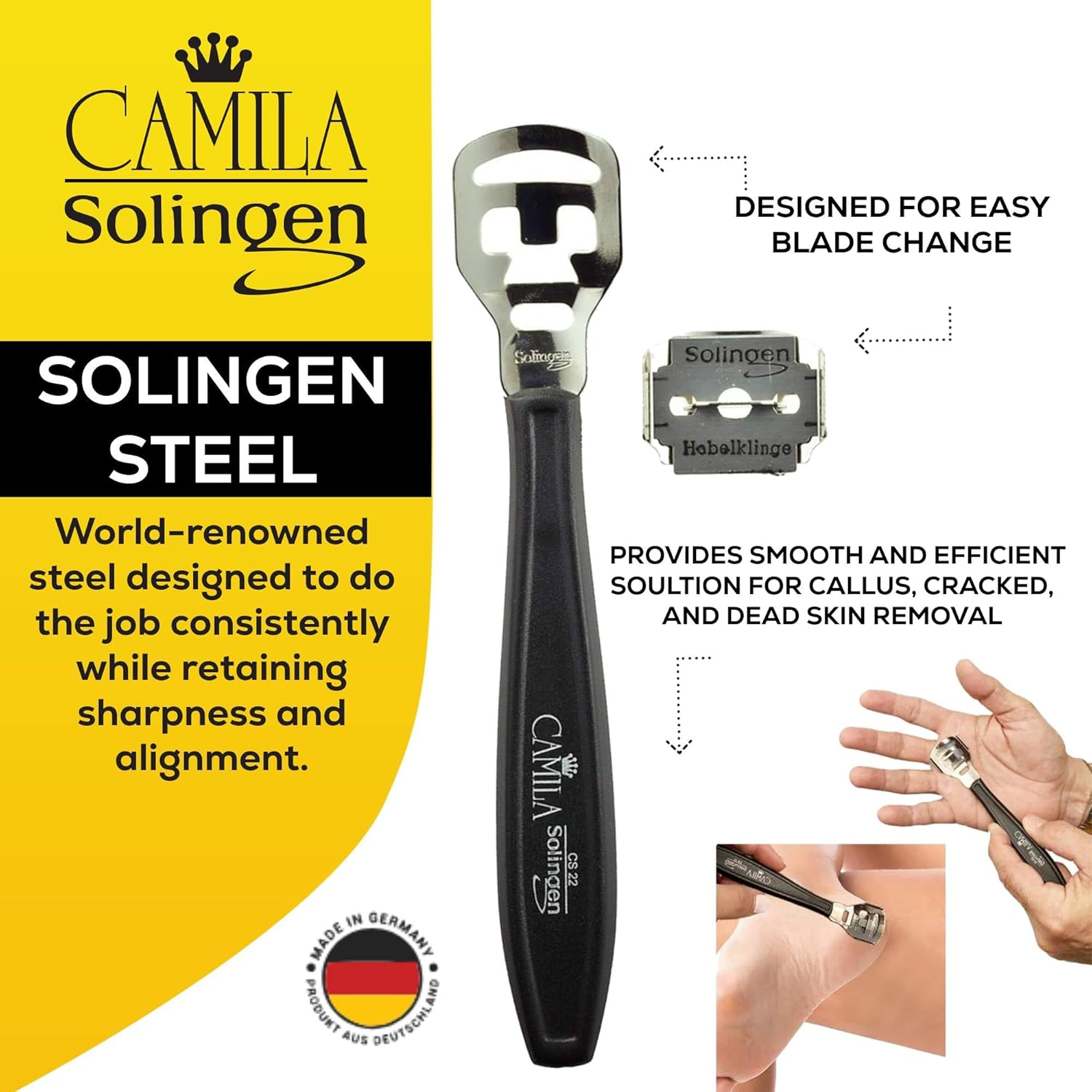 Camila Solingen CS22 5 1/2" Corn Plane/Foot Callus Remover. Hard Skin Heel Shaver Rasp Pedicure Cutter Kit for Feet and Spare Blades (10 Pack). Made in Solingen Germany image number 3