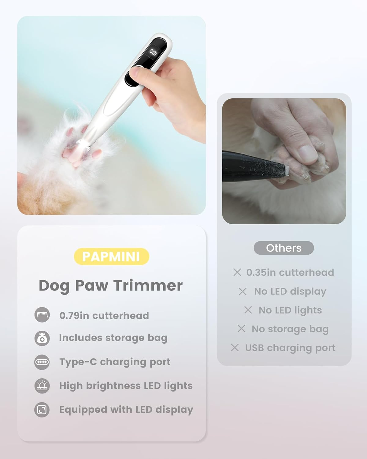 Dog Paw Trimmer with LED Display - Quiet Electric Dog Trimmer Shaver for Paws, Eyes, Ears, Feet and Face, TYPE-C Cordless Pet Hair Clippers Grooming Kit for Small to Large Dogs Cats (White) - Light Purple image number 4