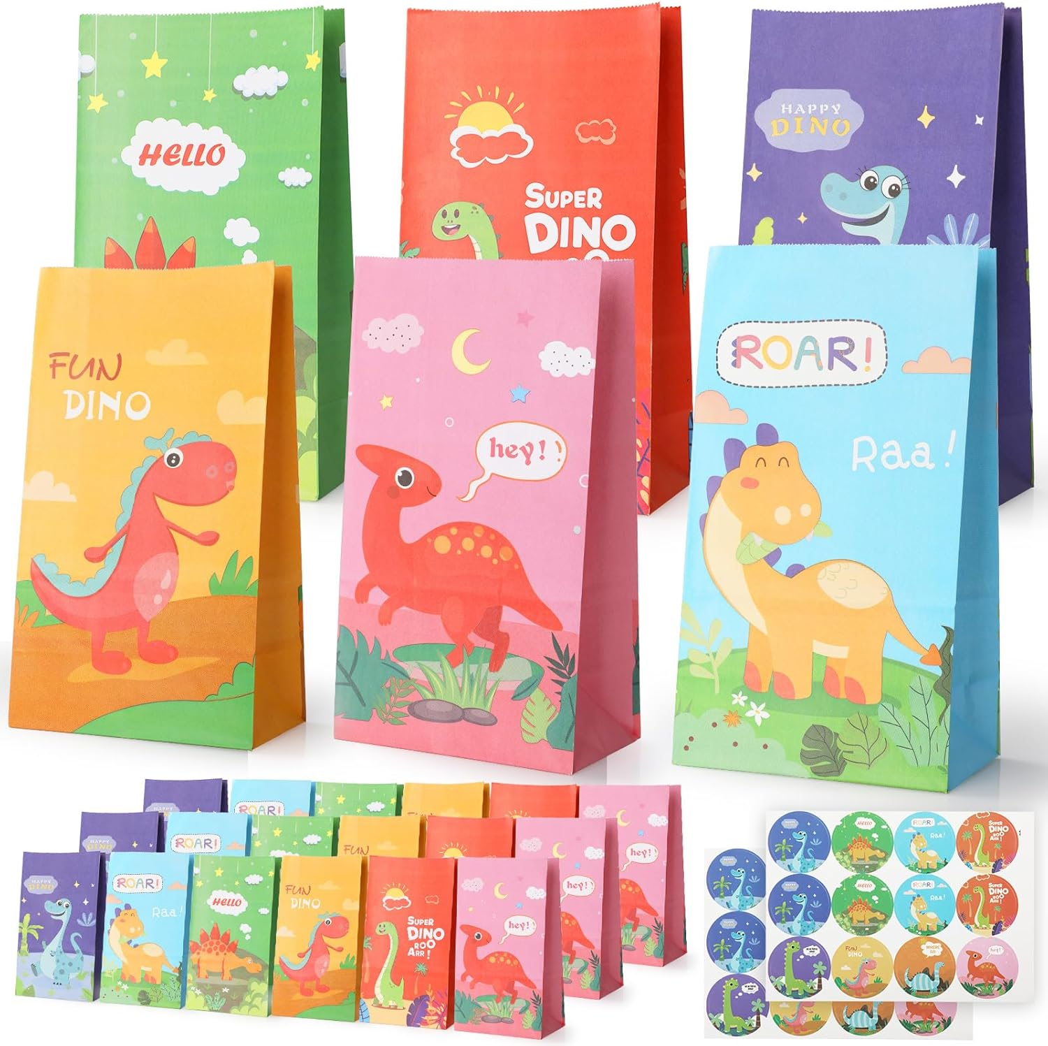 Secpeak Gift Paper Bags, 18 Pcs Small Birthday Gift Bags with 30 Stickers,Rainbow Paper Bags Goody Cookie Bags Bulks for Kids Girls Classroom Party, Wedding Holiday Party Favor - 22 X 13 X 8Cm