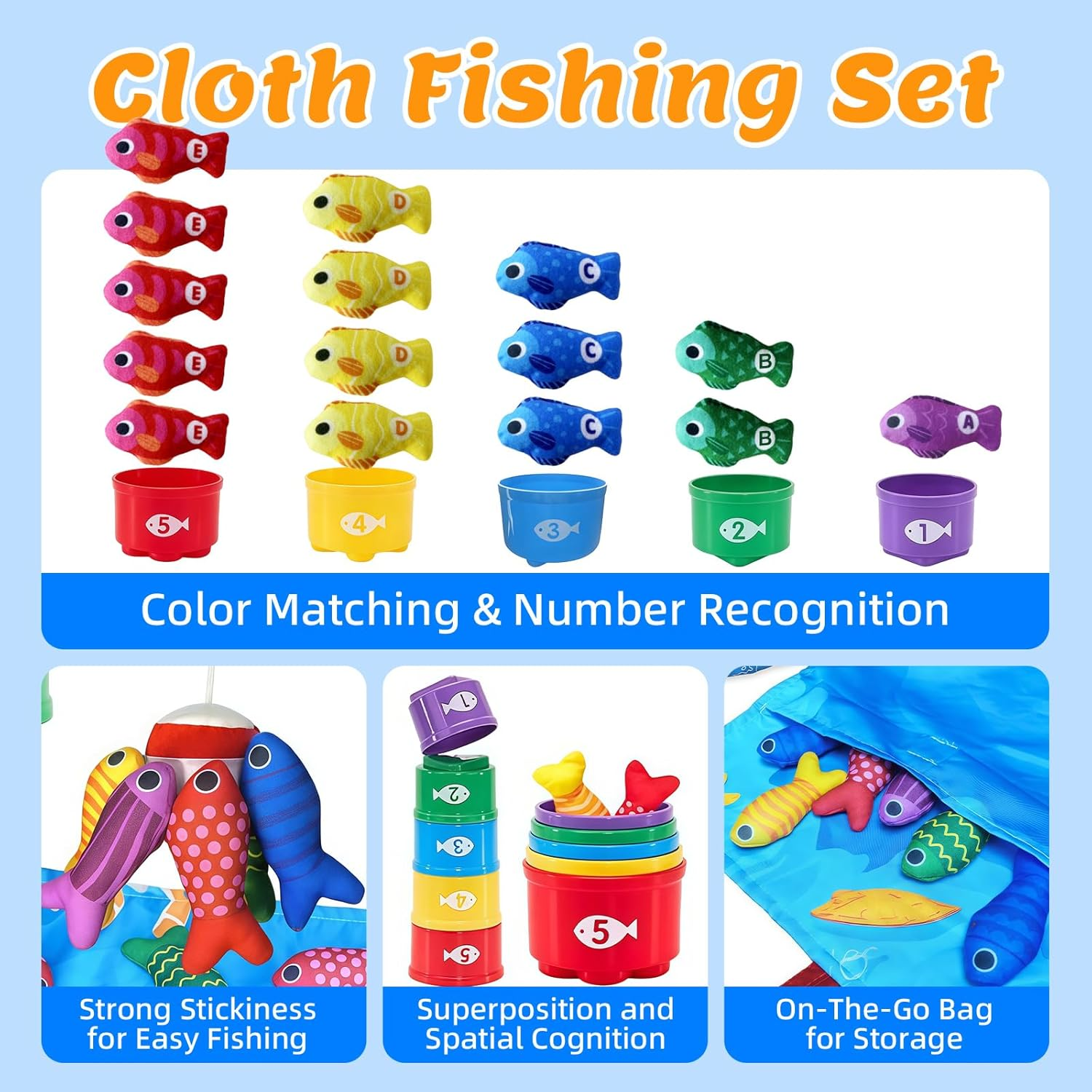 Montessori Toys for 1 2 Year Old, 2-In-1 Cloth Fishing Game & Book with Foldable Mat, Baby Toys 6-12-18 Months, Educational Learning Gift with Stacking Cups for Number, Color, Shape (Ocean) image number 5