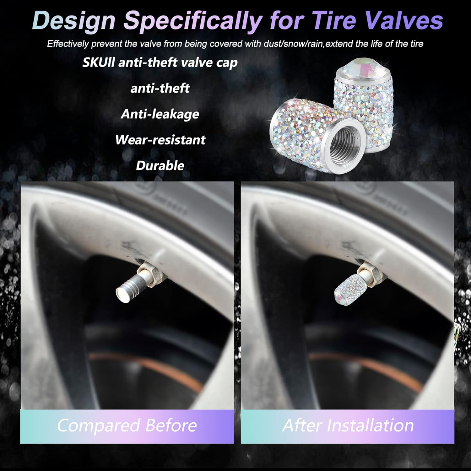 Alpmosn Car Wheel Tire Valve Caps, 4 PCS Bling Tire Valve Caps, Crystal Tire Caps Shinny Rhinestone for Women, Universal Car Dustproof Tire Valve Caps for Cars, Trucks, SUV and Motorcycles (AB)