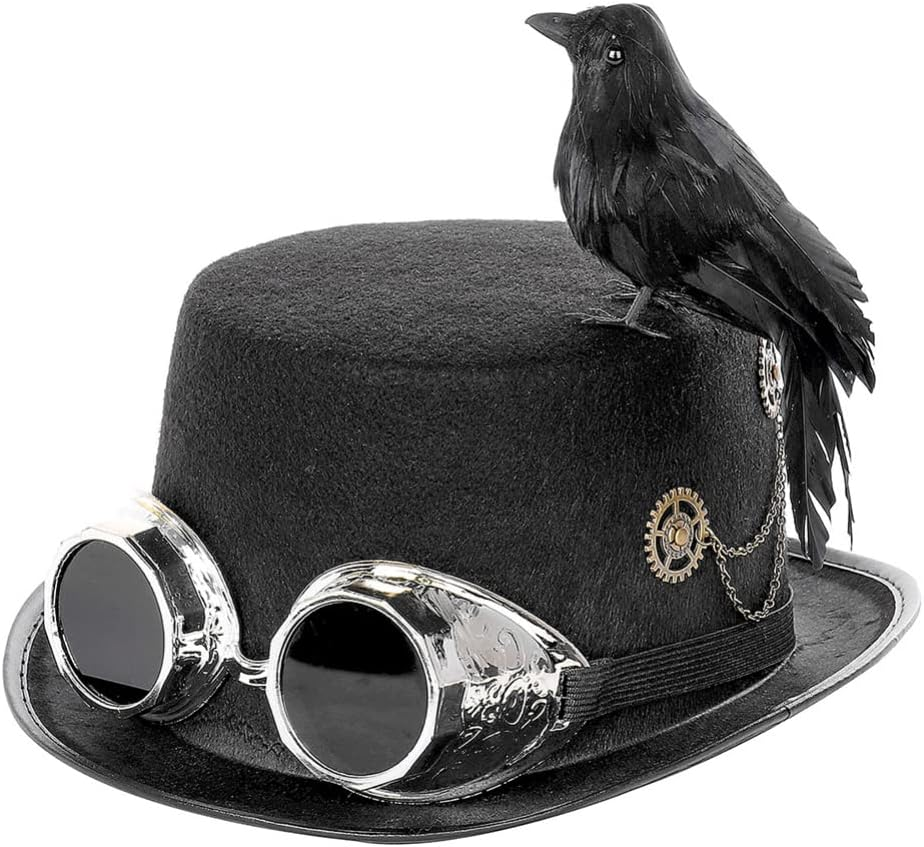 Jojofuny Party Cap Mens Costumes Para Hombres Goth Clothes Halloween Animal Hat Black Wide Brim Hat Top Hat with Goggles Steampunk Costume Top Hat Men Caps and Hats Victoria Miss Make Up image number 3