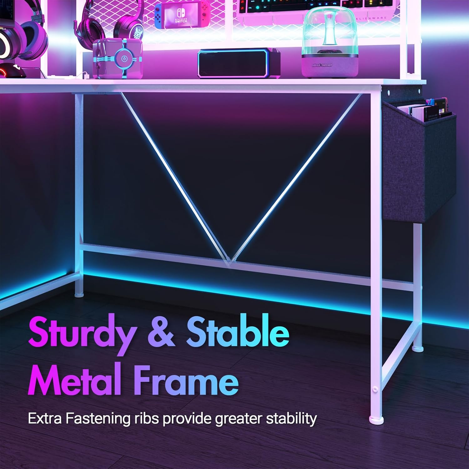 Advwin 170Cm L Shaped Gaming Desk with LED Lights & Power Outlets Reversible Computer Desk with Storage Shelf Corner Desk 2 Person Gaming Table with Pegboard and Storage Shelves White - White image number 5