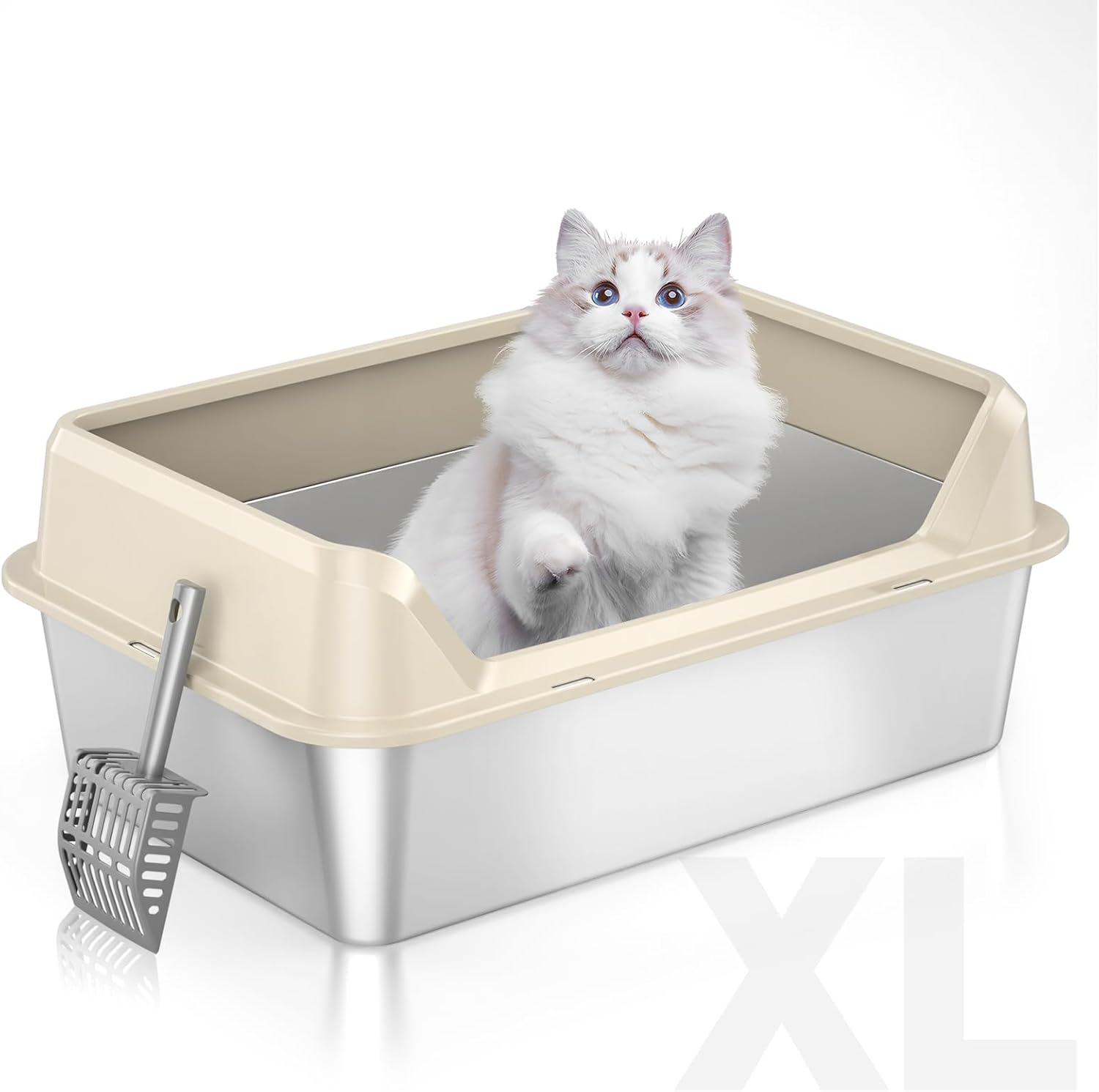 Towntime Stainless Steel Litter Box with High Sides,23.60" L X 15.7" W X 7.8" H,Extra Large Jumbo Cat Litter Box,Xl Kitty Metal Liter Box for Indoor Big Cats,Non-Sticky,Anti-Leakage(Left Entry)