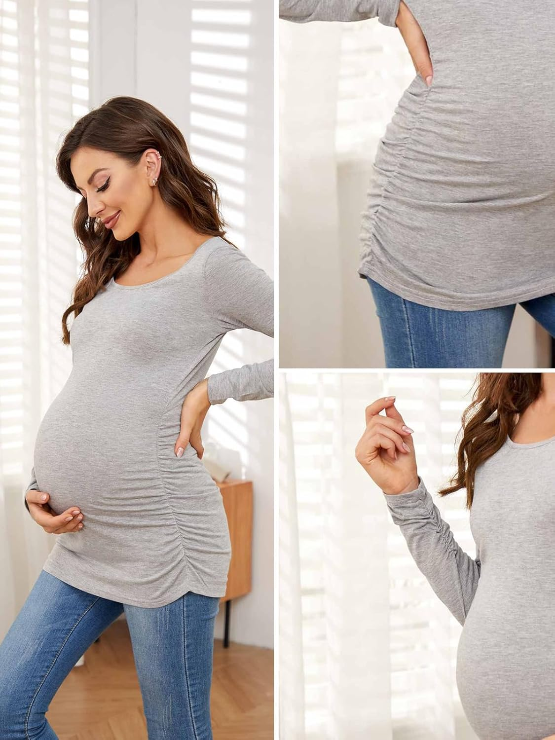 Love2Mi 3Pack Women'S Maternity Tops Long Sleeve Flattering Side Ruched Maternity Shirt Maternity Clothing image number 3