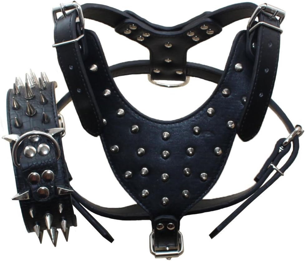 Haoyueer Sharp Studded Leather Dog Collars Medium Large Dog Harness Matching Set for Pit Bull Mastiff Boxer Bull Terrier (M, Black) image number 4