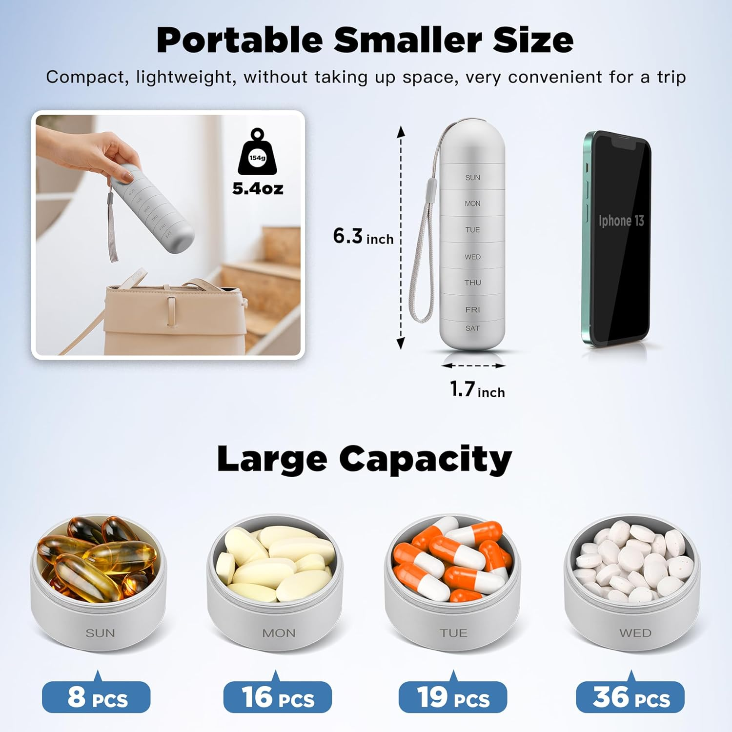 Zannaki Metal Moisture Proof Weekly Pill Organizer, Stackable Aluminum Alloy BPA Free Travel Hiking 7 Day Pill Box Case Waterproof and Large Compartment to Hold Pills, Vitamins, Fish Oil, Supplements image number 1