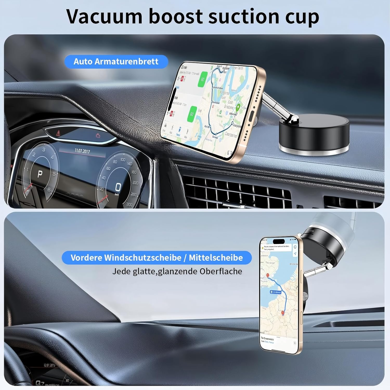 Car Phone Holder, Vacuum Magnetic Suction Phone Mount with Clamp, Magnetic Adjustable Holder, 360&deg; Rotatable Mobile Phones Holders for Dashboard, Magnetic Mount for Iphone All Smartphones, Black image number 1