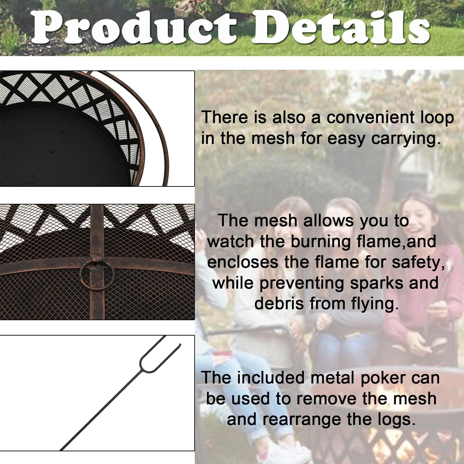 Outdoor Metal Fire Pit Backyard Patio round Garden Stove Fire Pit with Poker image number 5