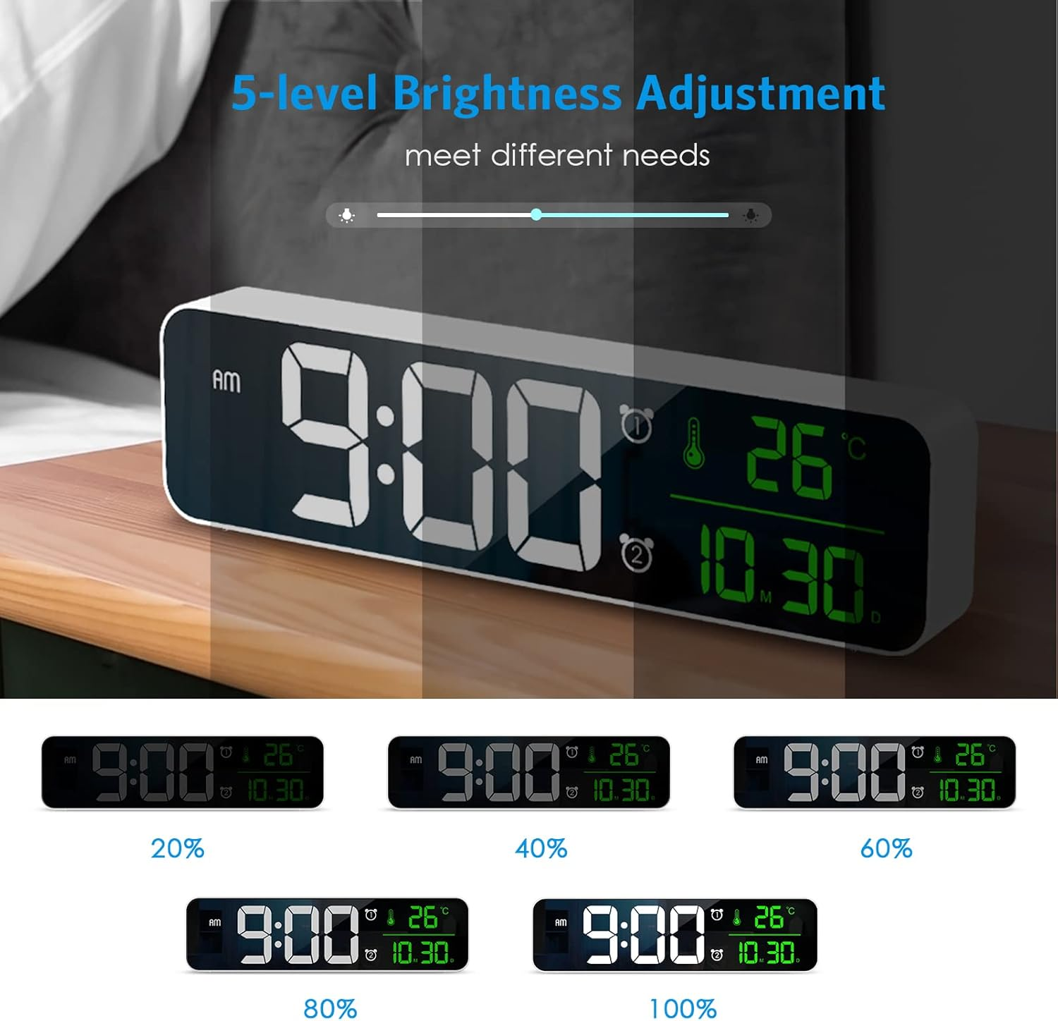 AMIR Digital Clock Large Display, Newest 10.5'' Digital Wall Clock for Living Room, Temp & Date Display Wall Electronic Clocks, LED Mirror Clock with 40 Music, 2 Alarm, 6 Brightness Dimmer, 4 Volume image number 6