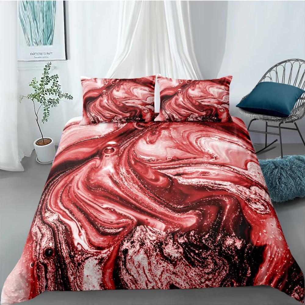 Chic Marble Duvet Cover King,Modern Marble Bedding Sets for Kids Boys Girls Teens,Red Tie Dye Abstract Marble Texture Pattern Quilt Cover 3D Print Quilt Cover Set,Queen(210X210Cm) image number 3
