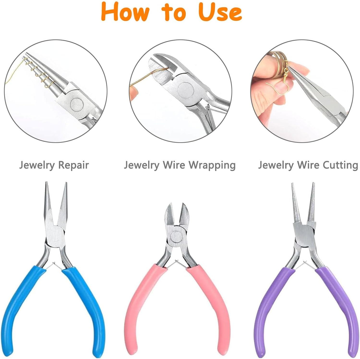 5 Pack Jewelry Pliers Set, Include Wire Cutter, Needle Nose, round Nose, Jump Ring, Tweezers, Chain Nose Pliers, Craft Pliers, Earring Pliers for Wrapping, Jewelry Making, Earring Craft Making Tools image number 5