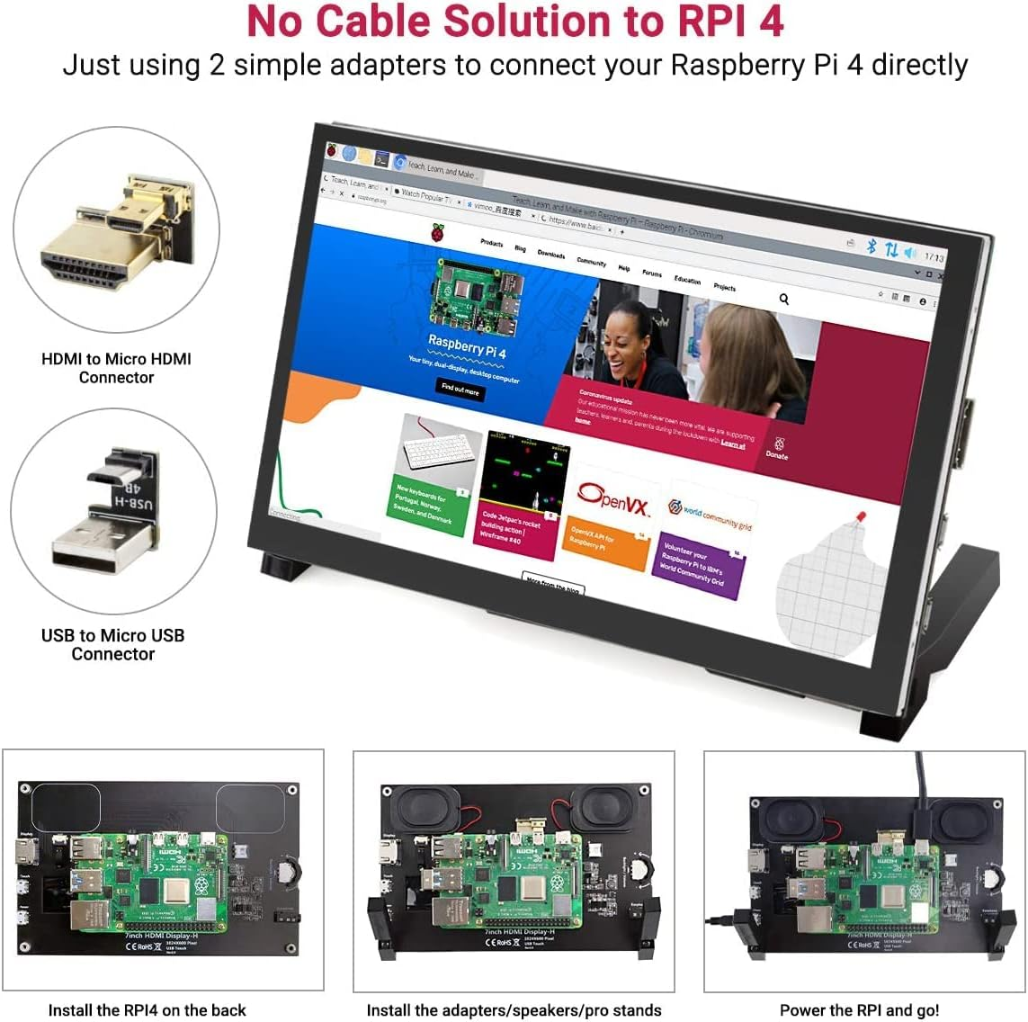 DIGISHUO 7" HDMI IPS LCD Touch Display 1024 * 600 Screen+Dedicated Holder +HDMI Connector+Speakers Kit for Raspberry Pi 4B 3B 2B | PC Supports Windows 10/8.1/8/7