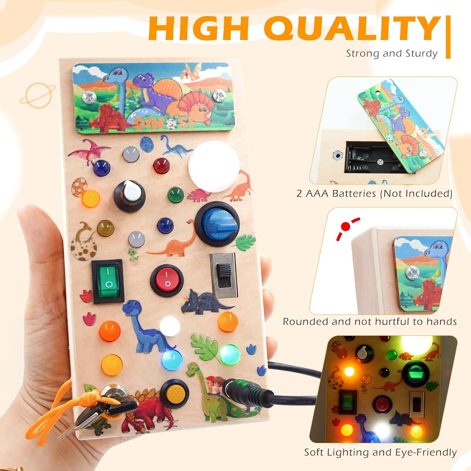 Montessori Toddler Busy Board, Led Dinosaur Wooden Sensory Board Educational Toys Wiht Switch Light Designs, Early Fine Activity Motor Skills Travel Toys for Toddlers Boys and Girls image number 1