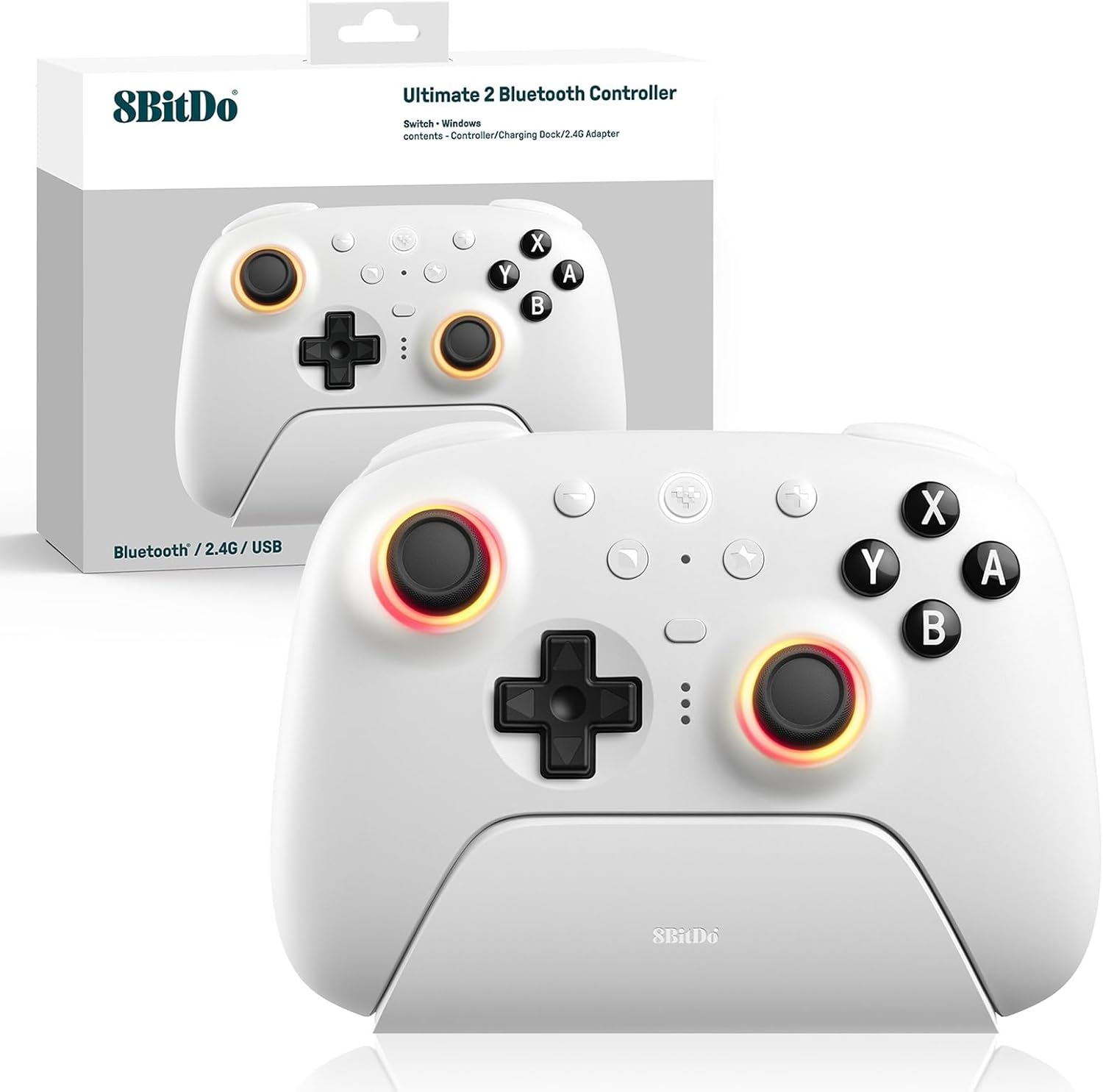 8Bitdo Ultimate 2 Bluetooth Controller (TMR Joystick Update), RGB Fire Ring, Switchable Hall Effect/Tactile Triggers, Vibration and Motion Control for Switch/Switch 2, Windows PC (White) image number 2
