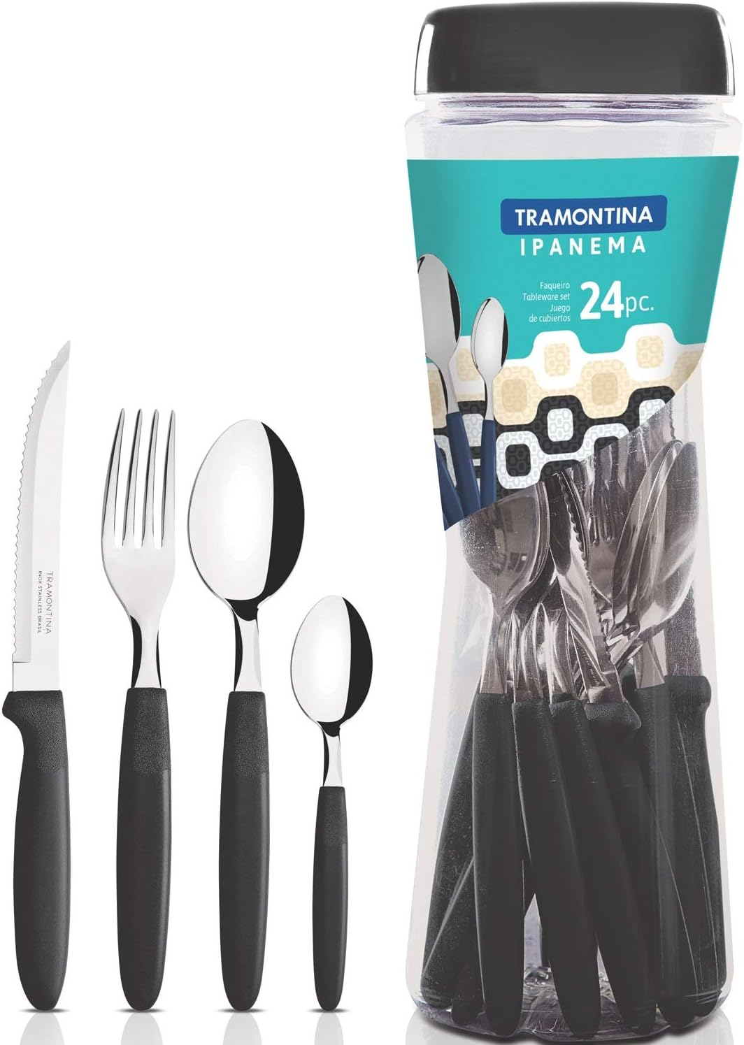 Tramontina Ipanema Stainless Steel Tableware 24-Pieces Set with Polypropylene Handles and Plastic Container, Black - Blue image number 5
